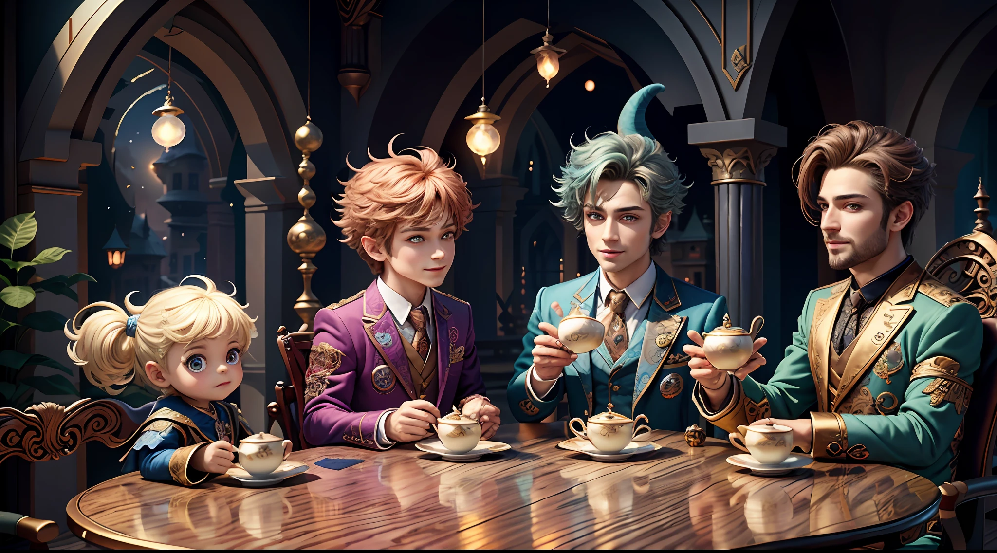 Masterpiece, best quality, wizard tea party, magic tea party, magic, chibi, handsome male witch, highly detailed realistic eyes, happy, vibrant, colorful, rich expressions, rich eyes