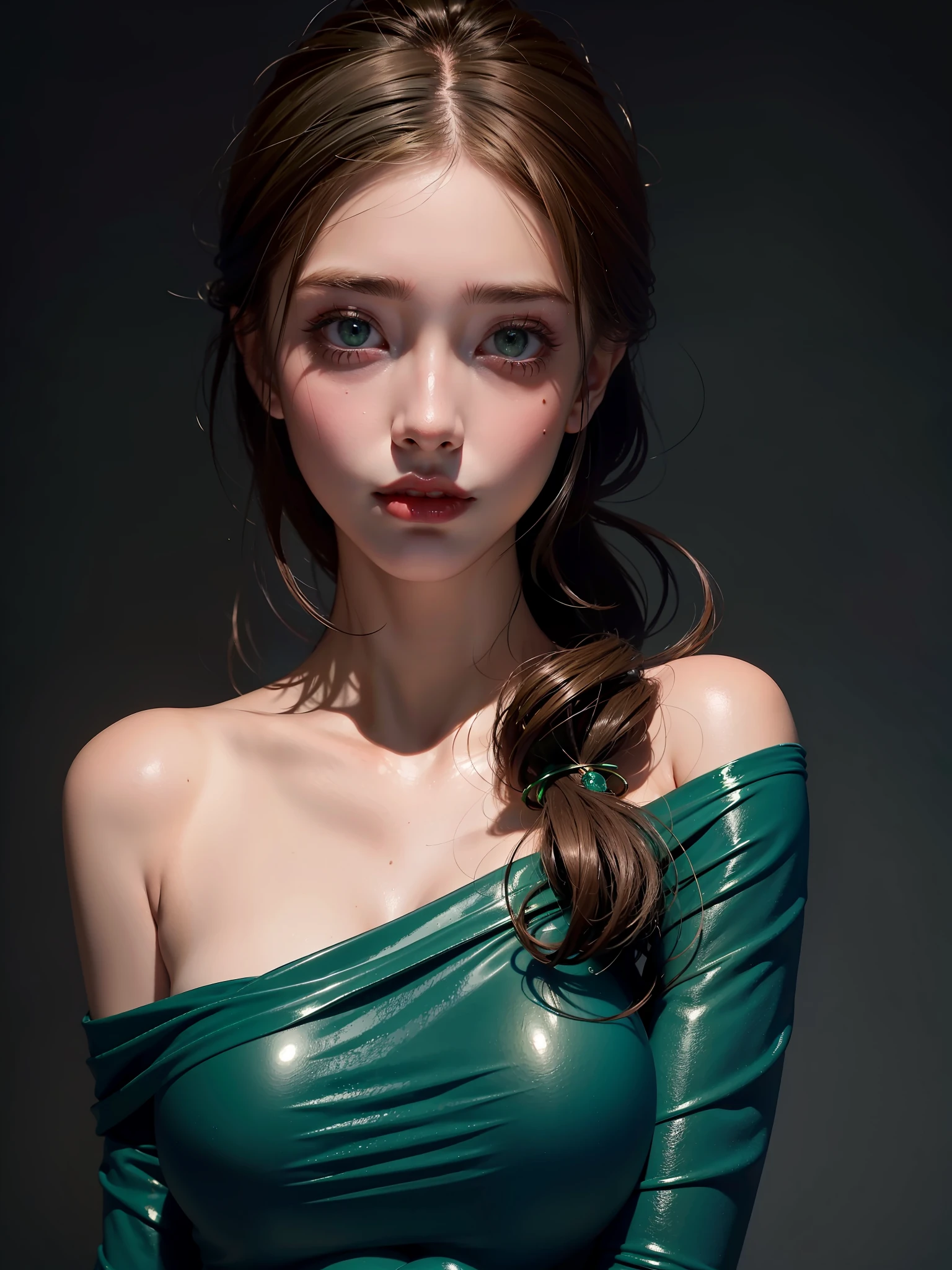 Best Quality, Masterpiece, Ultra High Resolution, (Realism: 1.4), Original Photo, 1Girl, Emerald Gemstone Eyes, glowing eyes, Bare Shoulder, In the Dark, Deep Shadow, Low Key, Cold Light