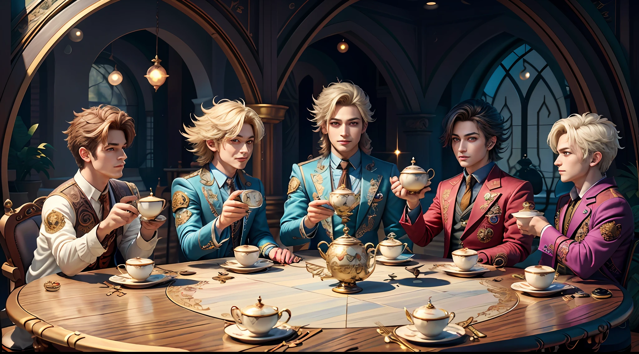 Masterpiece, best quality, wizard tea party, magic tea party, magic, chibi, handsome male witch, highly detailed realistic eyes, happy, vibrant, colorful, rich expressions, rich eyes