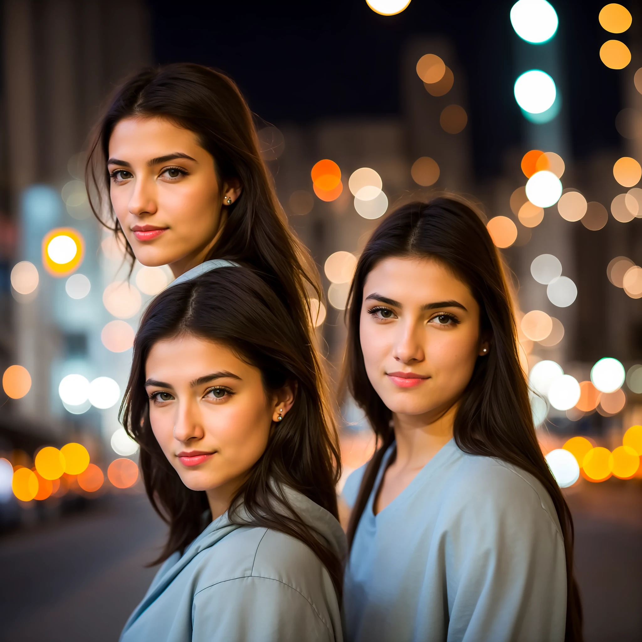 RAW photo, a portrait photo of woman in casual clothes, night, city street, (high detailed skin:1.2), 8k uhd, dslr, soft lighting, high quality, film grain, Fujifilm XT3