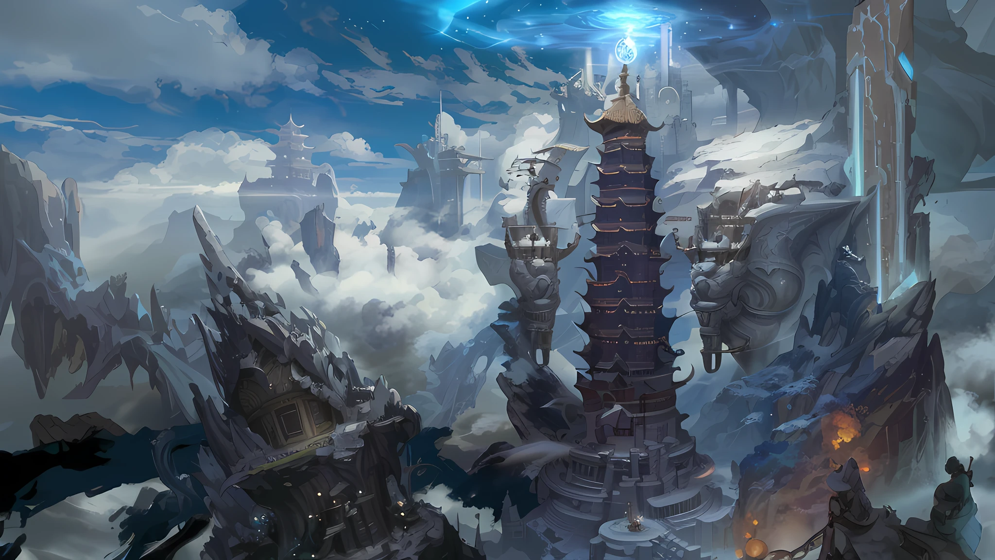 There is a painting of a statue in the mountains, Phoenix Pearl Concept Art, Cyberpunk Chinese Ancient Pagoda, The Gate of Time and Space at the Top of the Tower, Highly Detailed Fantasy Art with Lightning and Thunder at the Top of the Tower, Detailed Fantasy Digital Art, High Quality Digital Concept Art, Set by Shen Zhou, by Ruan Jia, by Yang J, Mysterious Temple, Inspired by Fenghua Bell, Chinese Fantasy, Rendered by Huang Shen, CG, 8K, Photography Grade, Octane Rendering, Unreal Engine, Very Detailed, Concept Art, Realistic