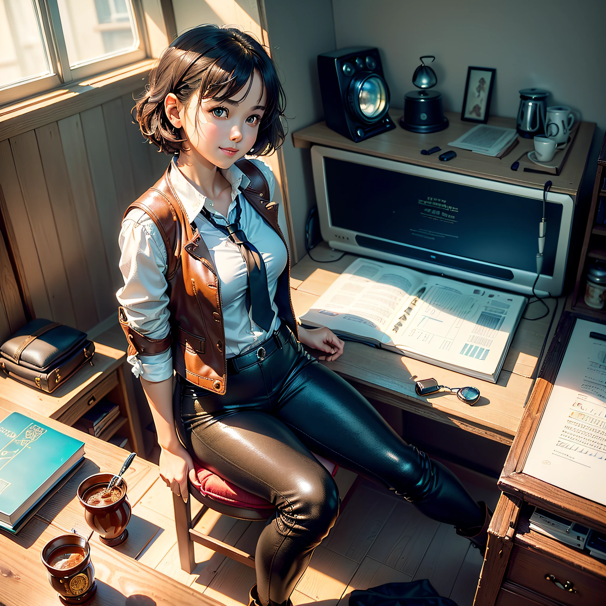 (masterpiece, highest quality, highest resolution, distinct_image, very elaborate CG, cinematic lighting, ray tracing, drop shadows, detailed detail, (photorealistic: 1.4), high quality textures, fine-grained, realistic face expression): (lone girl, face is Japan, brown short hair, hair tied back, small size breasts, sparkly eyes, eye level shots, happy smiles, beauty, slim body, holiday, own room, console games, computer, display, keyboard, mouse, long leather pants, white shirt with collar, leather vest, cardian, baseball cap, handgun holder, leather bag on back, long boots, antique radio, coffee, Model Train, Bookcase, Wooden Chair, Pot, Fan, Painting, Stuffed Animal, Tie, Notebook, Stationery, Vase, Photo Frame, Letter, Fountain Pen, Calendar, Lamp, Cushion, Basket, Profile Mirror, Candle, Newspaper, Sweets, Park View Outside the Window, Telephone, Fruit, Telescope, Retro TV)