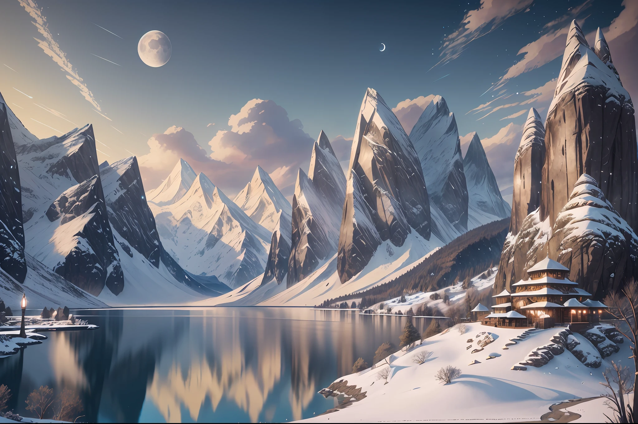 mountains and a lake with a moon in the sky, 4k highly detailed digital art, 4 k hd wallpaper very detailed, impressive fantasy landscape, sci-fi fantasy desktop wallpaper, unreal engine 4k wallpaper, 4k detailed digital art, sci-fi fantasy wallpaper, epic dreamlike fantasy landscape, 4k hd matte digital painting, 8k stunning artwork