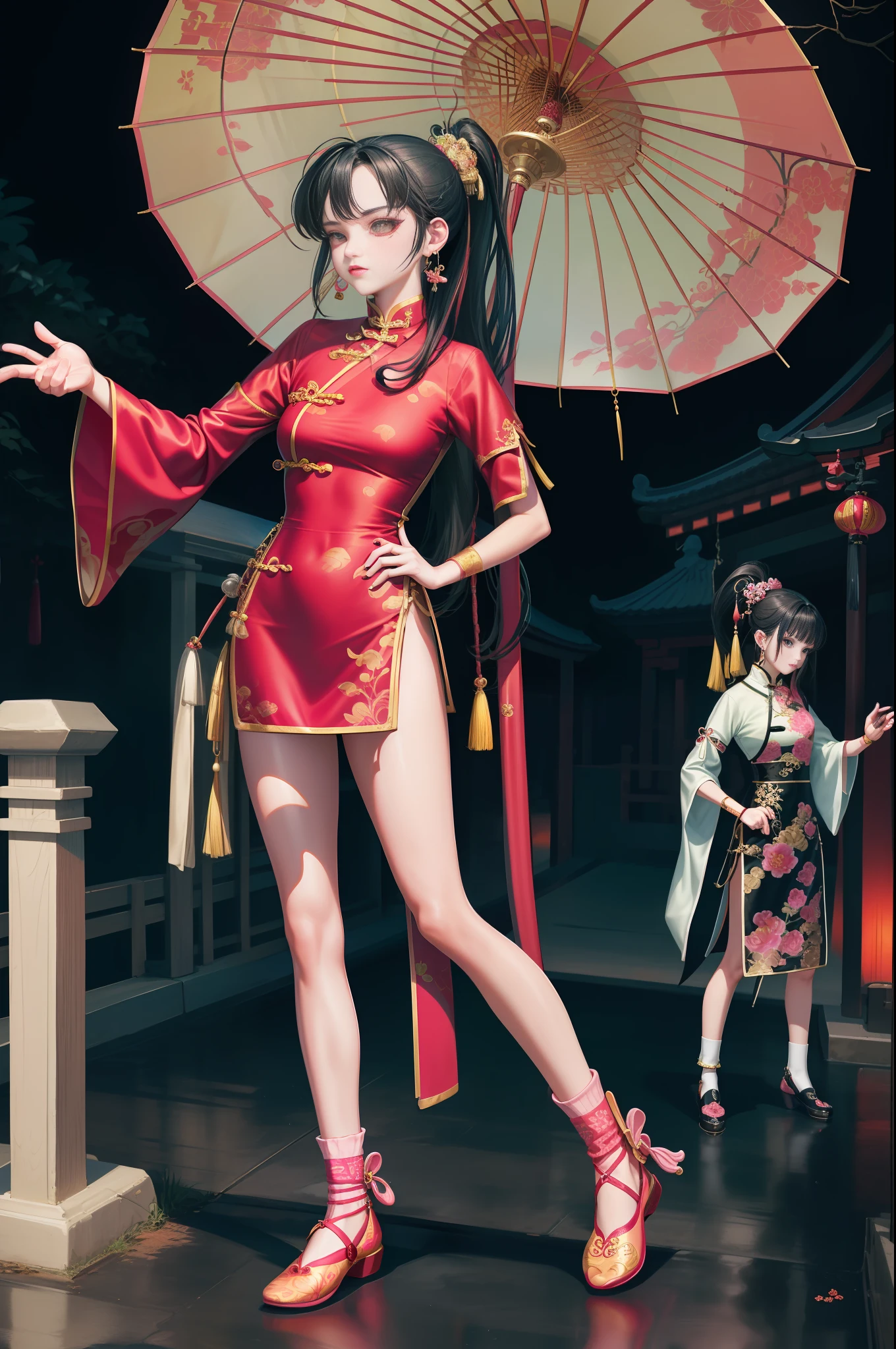 Close-up of three girls in different costumes, grunge style, grunge aesthetics, !!!, grunge aesthetics!!! (, sexy gloomy style, grunge aesthetic, Y2K style, y 2 k style, punk style, this set style, gothic style, retro aesthetic, retro look, standing, kung fu, martial arts, hanfu, ancient costume, hero, high ponytail, chinese style, pink cheongsam, sword, earrings, chinese knot, pose special, bridge, hat, mary cherish shoes, sock cover, hairpin, necklace, guzheng, umbrella