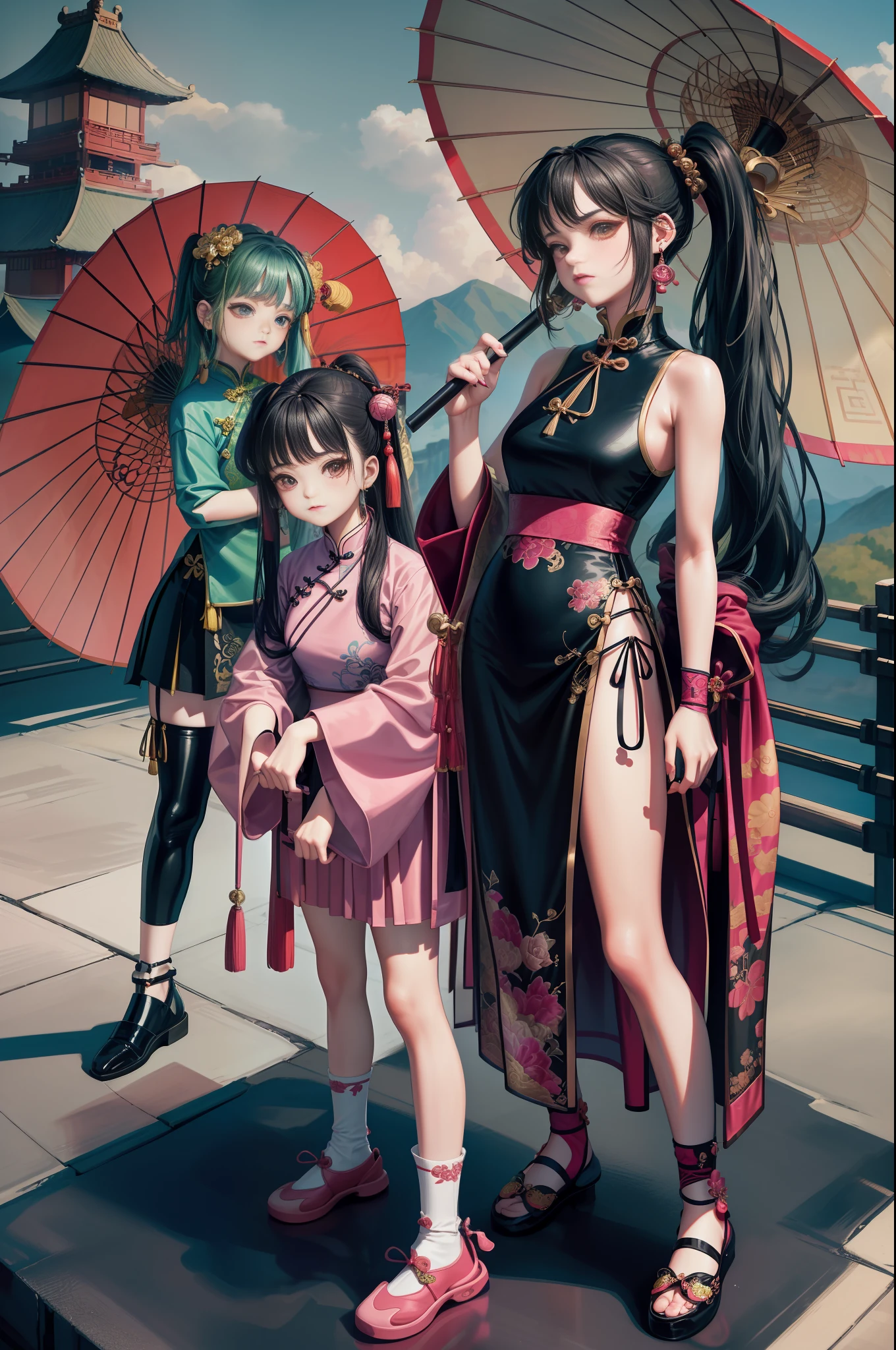 Close-up of three girls in different costumes, grunge style, grunge aesthetics, !!!, grunge aesthetics!!! (, sexy gloomy style, grunge aesthetic, Y2K style, y 2 k style, punk style, this set style, gothic style, retro aesthetic, retro look, standing, kung fu, martial arts, hanfu, ancient costume, hero, high ponytail, chinese style, pink cheongsam, sword, earrings, chinese knot, pose special, bridge, hat, mary cherish shoes, sock cover, hairpin, necklace, guzheng, umbrella