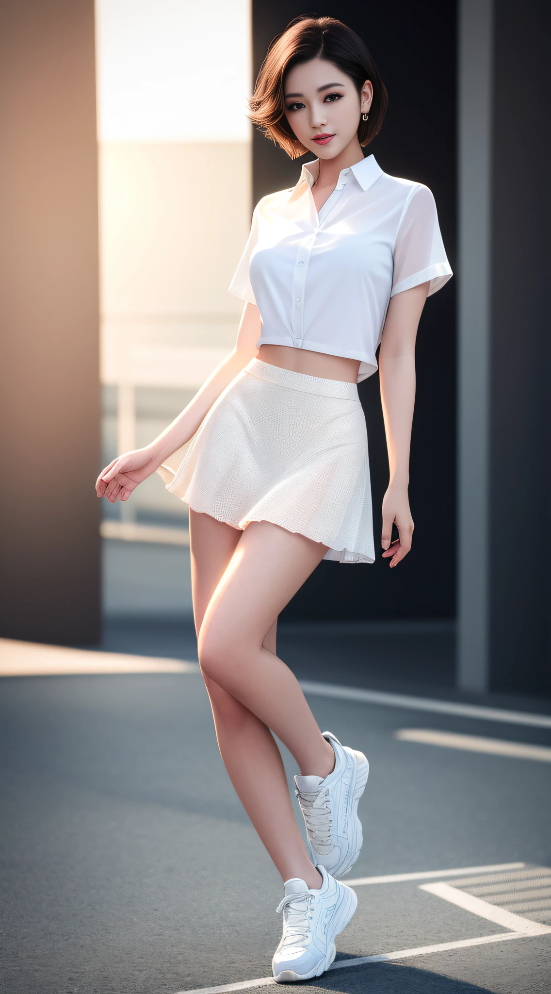 Top quality, masterpiece, high resolution, girls, look viewers, natural skin texture, realistic eyes and face details, full lips, white transparent shirt, mini skirt, long legs, sneakers, walking, smile, closed mouth, lips, short hair, detailed beautiful eyes, detailed eyelashes, beautiful face, full body, tyndall effect, photorealistic, rim lighting, two-tone lighting, (high detail skin: 1.2), blurred background, DSLR, Soft Lighting, High Quality, Volumetric Lighting, Candid, Photo, High Resolution, 4K, 8K, Bokeh, Walk Mall