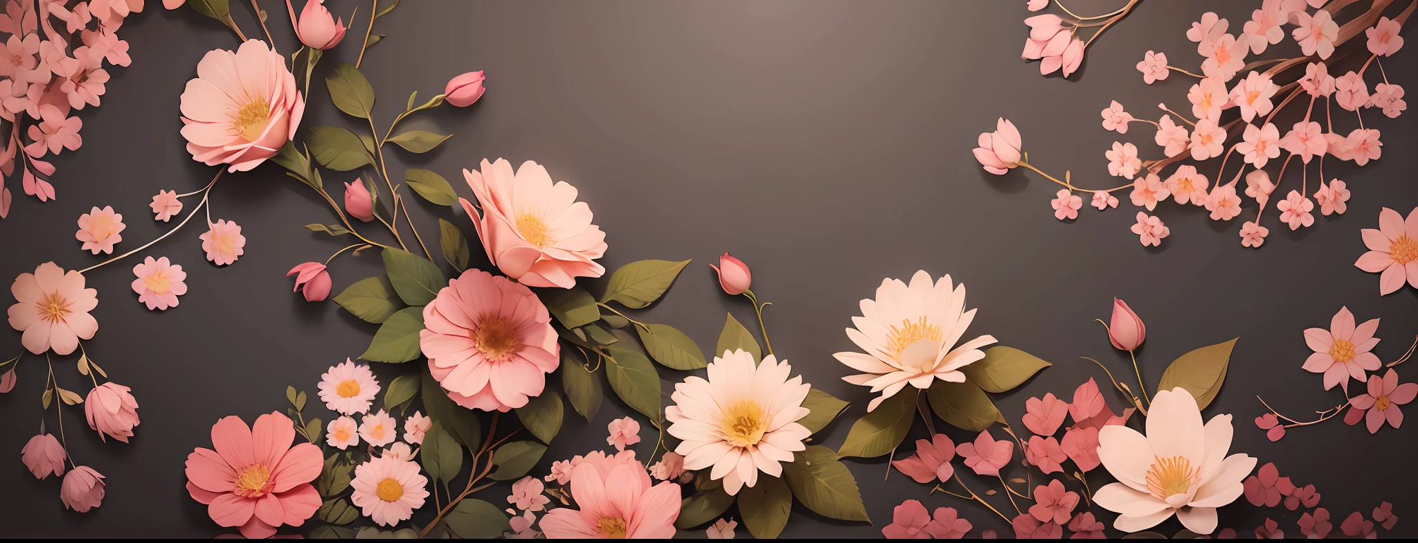 image with roses, daisy, cherry blossom decorated with leaves, image with only 5 colors, elegant design, sophisticated, flat image, size 16:9, 8k, textile design, --auto --s2