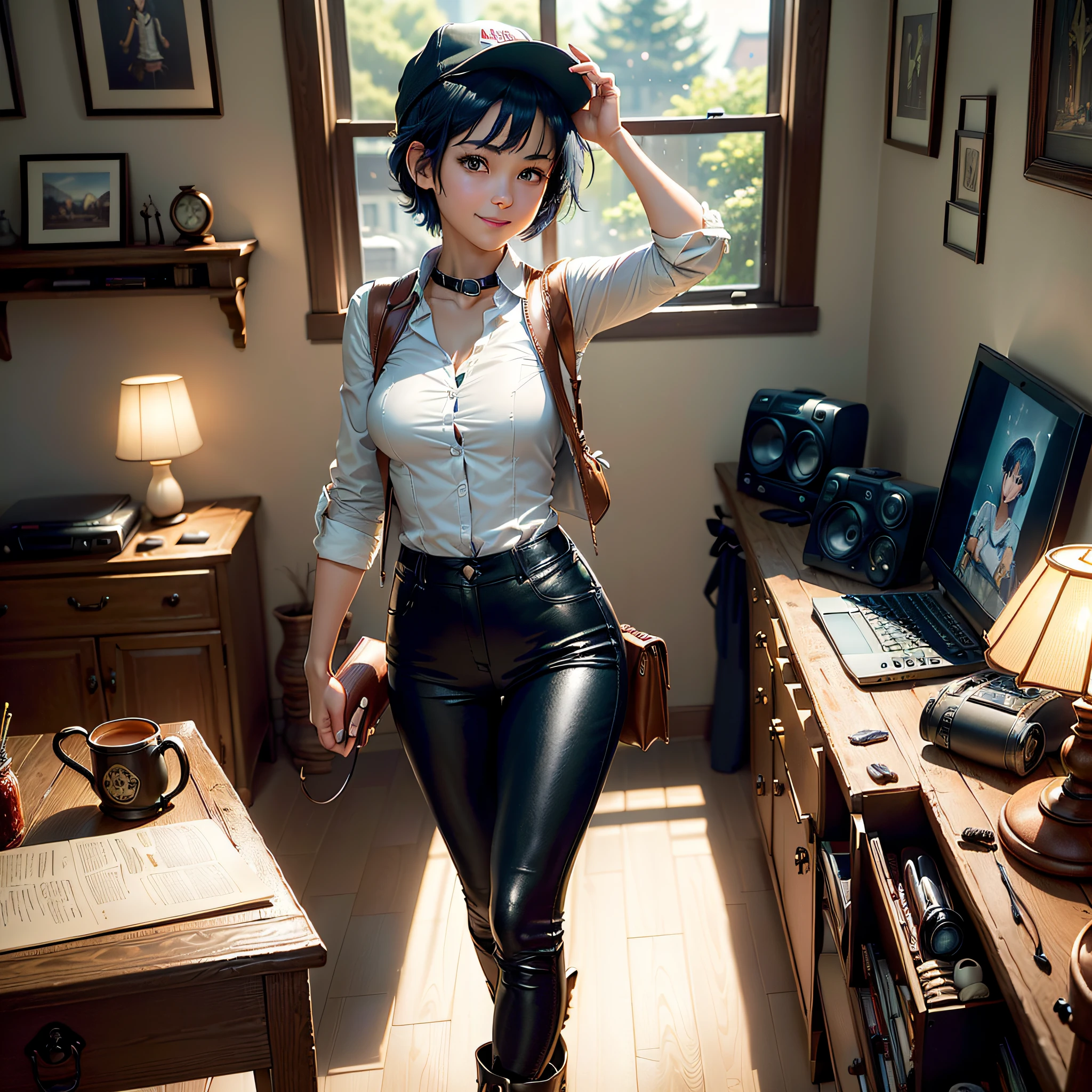 (masterpiece, highest quality, highest resolution, distinct_image, very elaborate CG, cinematic lighting, ray tracing, drop shadows, detailed detail, (photorealistic: 1.4), high quality textures, fine-grained, realistic facial expressions): (lone girl, face is Japan, short blue hair, hair tied back, small size breasts, Sparkly blue eyes, eye level shots, happy smile, beauty, slim body, holiday, own room, console games, computer, display, keyboard, mouse, long leather pants, white shirt with collar, leather vest, cardian, baseball cap, handgun holder, carrying leather bag on back, long boots, antique radio, Coffee, model train, bookshelf, wooden chairs, pots, fans, paintings, stuffed animals, ties, notebooks, stationery, vases, photo frames, letters, fountain pens, calendars, lamps, cushions, baskets, mirrors in profile, candles, newspapers, sweets, park outside the window, telephone, fruit, telescope, retro TV)