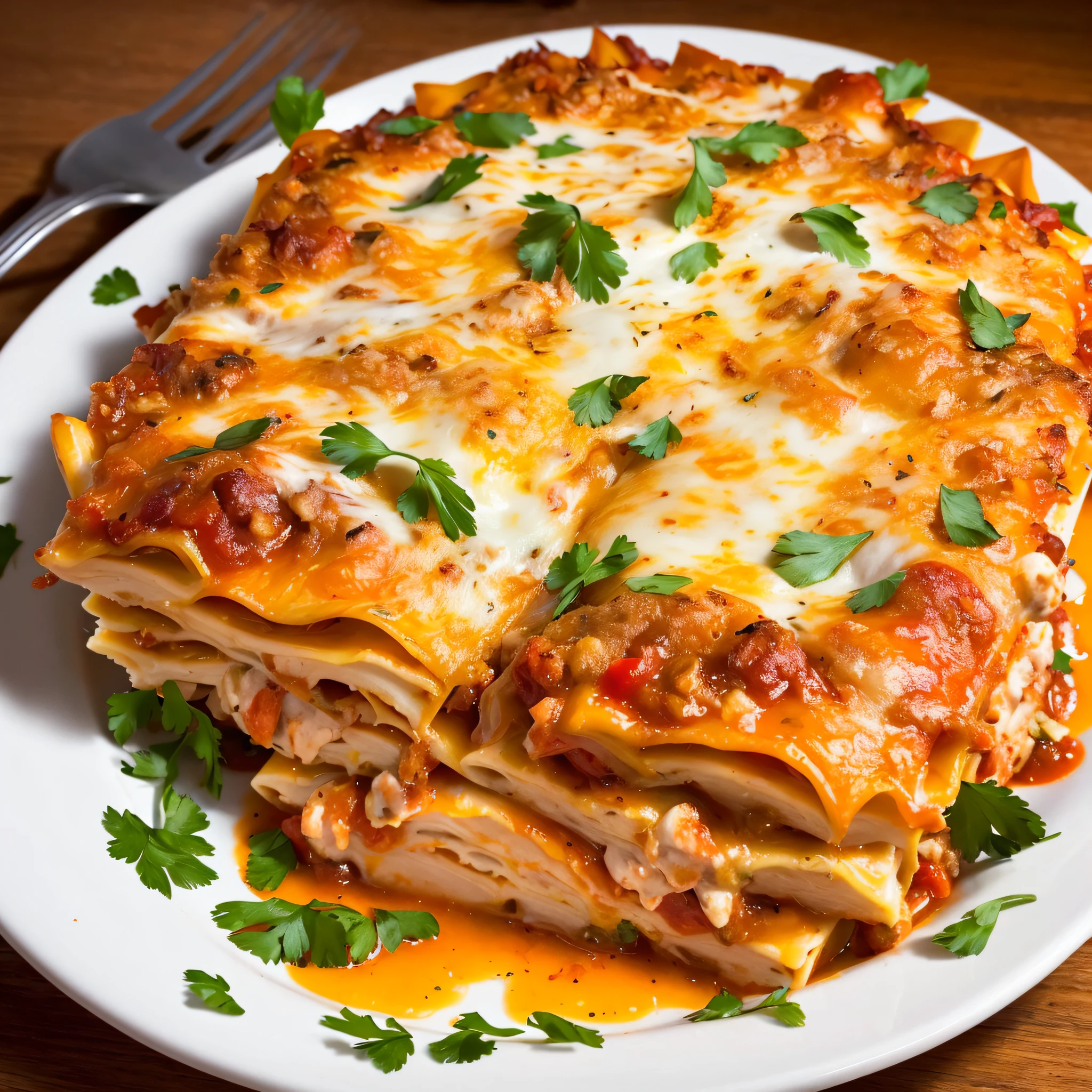 a closeup of a chicken lasagna on a plate, lasagna, high quality food photography, lasagna, easy, (ultra realistic, realistic and coherent, mixed art, professional food photography, ready to eat, an ultra realistic, looks realistic, a hyper realistic, very very realistic, incredibly realistic, lasagna, 4k food commercial, very realistic