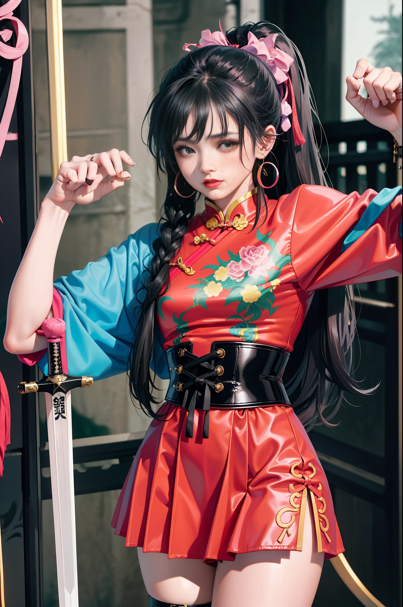 Close-up of three girls in different costumes, grunge style, grunge aesthetics, !!!, grunge aesthetics!!! (, sexy gloomy style, grunge aesthetic, Y2K style, y 2 k style, punk style, this set style, gothic style, retro aesthetic, 90s style, retro look, standing, kung fu, martial arts, hanfu, period costume, hero, high ponytail, laugh, chinese style, pink cheongsam, sword, earrings, chinese knot, pose special, bridge,
