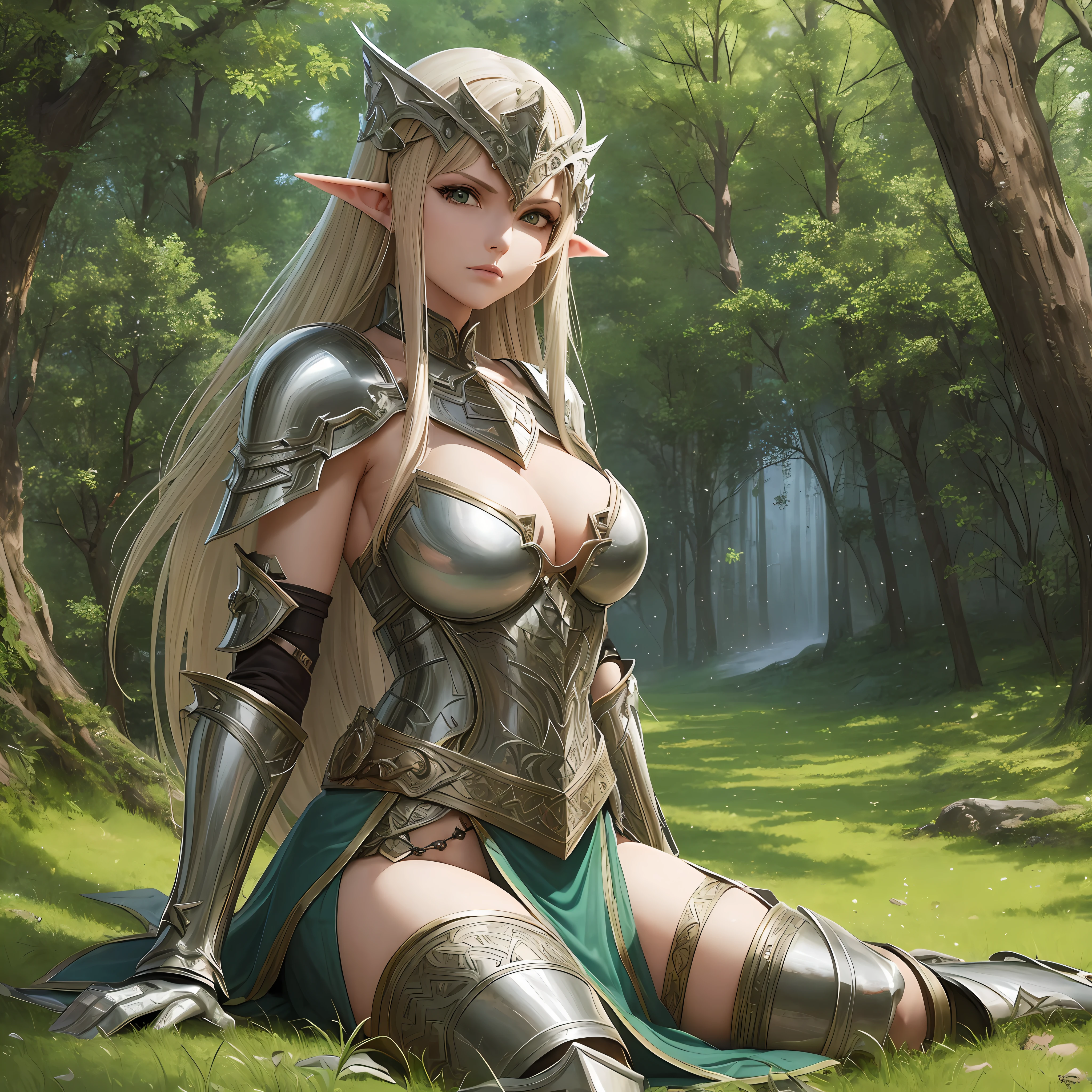 Woman in armor with sword in a forest, seductive elf princess knight, elf princess knight, 2. 5d cgi anime fantasy art, elf warrior princess, elf warrior, elf knight, elf princess, elf girl, epic epic elven warrior, epic fantasy art style hd, female elf, epic fantasy art style, elf queen, wallpaper --auto --s2