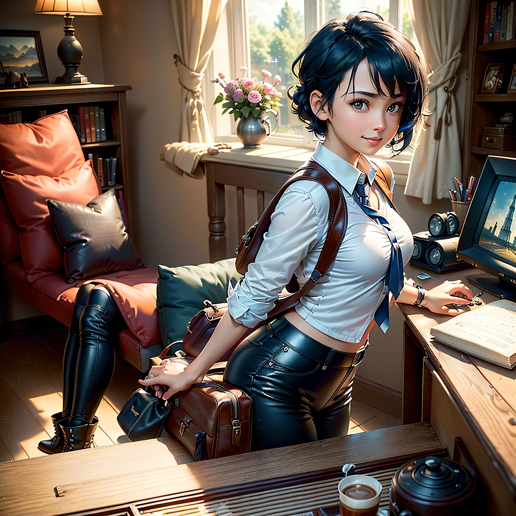 (masterpiece, highest quality, highest resolution, distinct_image, very elaborate CG, cinematic lighting, ray tracing, drop shadows, detailed detail, (photorealistic: 1.4), high quality textures, fine-grained, realistic facial expressions): (lone girl, face is Japan, short blue hair, hair tied back, small size breasts, Sparkly blue eyes, eye level shots, happy smile, beauty, slim body, holiday, own room, console games, computer, display, keyboard, mouse, long leather pants, white shirt with collar, leather vest, cardian, baseball cap, handgun holder, carrying leather bag on back, long boots, antique radio, Coffee, model train, bookshelf, wooden chairs, pots, fans, paintings, stuffed animals, ties, notebooks, stationery, vases, photo frames, letters, fountain pens, calendars, lamps, cushions, baskets, mirrors in profile, candles, newspapers, sweets, park outside the window, telephone, fruit, telescope, retro TV)