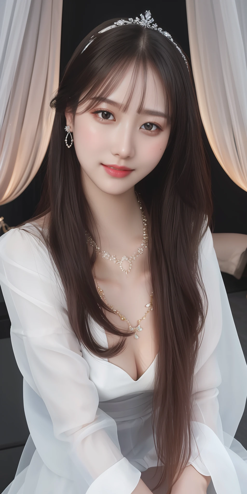 Best Quality, Masterpiece, High Resolution, 1girl, Clear Silk Porcelain Dress, Pretty Face, Hair Accessories, Look at the Audience, Smile, Close Mouth, Lips, Dress, Hair Accessories, Necklaces, Jewelry, Long Hair, Earrings, Beautiful Face, Body, Tindal Effect, Realism, Shadow Studio, Edge Lighting, Two-Color Lighting, (High Detail Skin: 1.2), 8k UHD, DSLR, Soft Light, High Quality, Volume Lighting, Photo, High Resolution 4K, 8k, Blurred Background