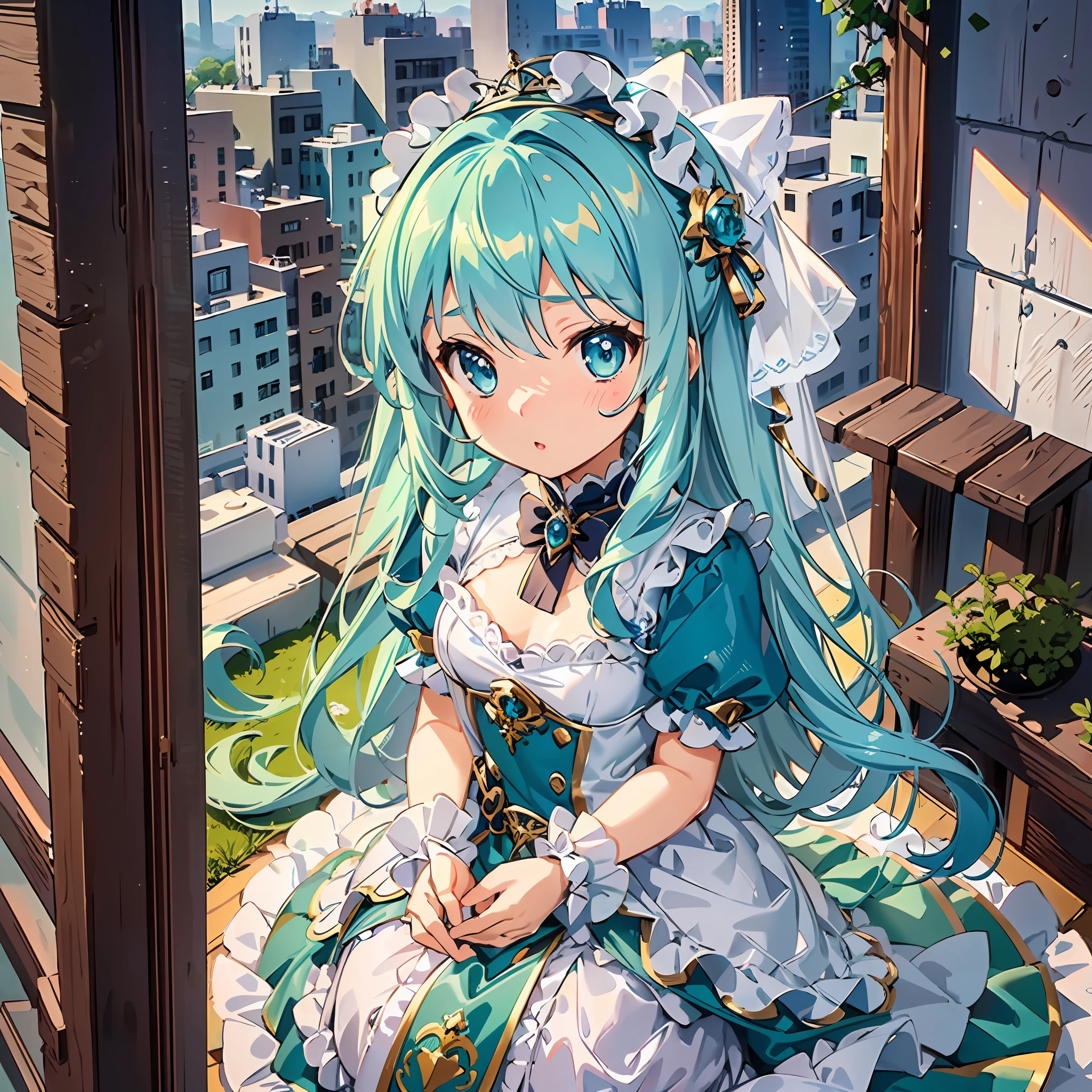 (artwork), (amazing work), (indirect linear lighting), (Chibi-cute studios), (Gif cute anime), (cute cute kawaii), (extremely detailed CG 8k unit wallpaper), (1girl) wearing cute dress, long blue hair with cute ruffled tiara, wearing silk gloves, white skin, green blue eyes, (cute kawaii)