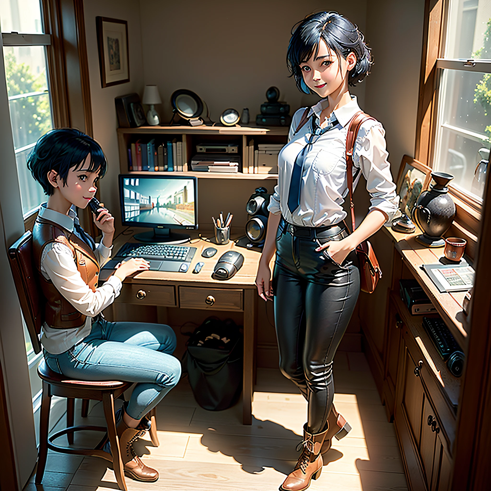 (masterpiece, highest quality, highest resolution, distinct_image, very elaborate CG, cinematic lighting, ray tracing, drop shadows, detailed detail, (photorealistic: 1.4), high quality textures, fine-grained, realistic facial expressions): (lone girl, face is Japan, short blue hair, hair tied back, small size breasts, Sparkly blue eyes, eye level shots, happy smile, beauty, slim body, holiday, own room, console games, computer, display, keyboard, mouse, long leather pants, white shirt with collar, leather vest, cardian, baseball cap, handgun holder, carrying leather bag on back, long boots, antique radio, Coffee, model train, bookshelf, wooden chairs, pots, fans, paintings, stuffed animals, ties, notebooks, stationery, vases, photo frames, letters, fountain pens, calendars, lamps, cushions, baskets, mirrors in profile, candles, newspapers, sweets, park outside the window, telephone, fruit, telescope, retro TV)