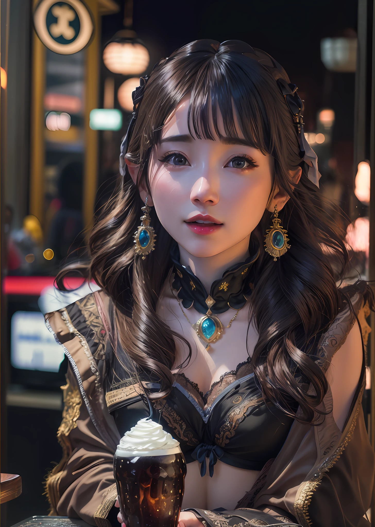 iu1, (8k, best quality, masterpiece:1.2), (realistic, photo-realistic:1.37), ultra-detailed, 1 girl,cute, solo,midnight,beautiful detailed sky,detailed cafe, sitting, dating, look at viewer, blush, shy, small breasts, ,floating hair, deep V sweater, earring, necklace, black lace bra revealed, photographed with a nikon d850, Nikon AF-S nikkor 58mm f/1.4G lens