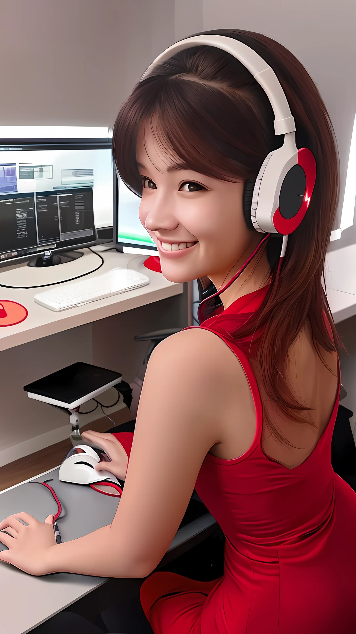 Woman, wearing short red dress, playing computer gaming, in room, With bright lights, using a headset, smile