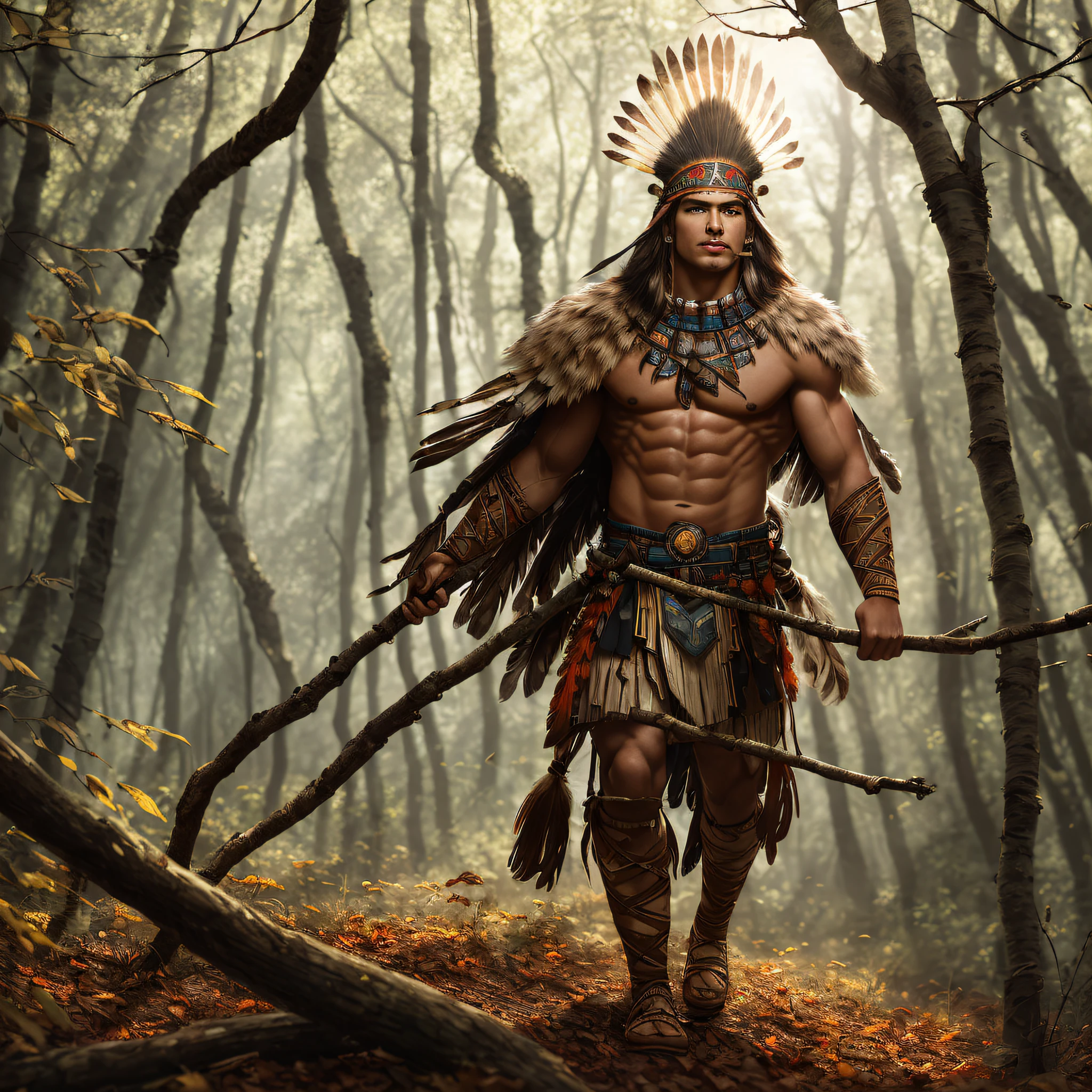 (extremely detailed CG 8k wallpaper unit, masterpiece, best quality, ultra-detailed), (better lighting, better shadow, an extremely delicate and beautiful), floating, [(dynamic angle,((1guy)), muscular, playing brown flute in the middle of the forest, sweet expression, detailed and realistic brown eyes, headdress and Native American clothing, brown war paint on the face, dirt and scratches on the skin and clothing,  branches and twigs in the background, medium shot): :0.9], [ :(colored forest, depth of field, leaves and grass, dirt and mud on the ground, red and orange leaves scattered around, dramatic clouds in the sky, waterfall , Volum