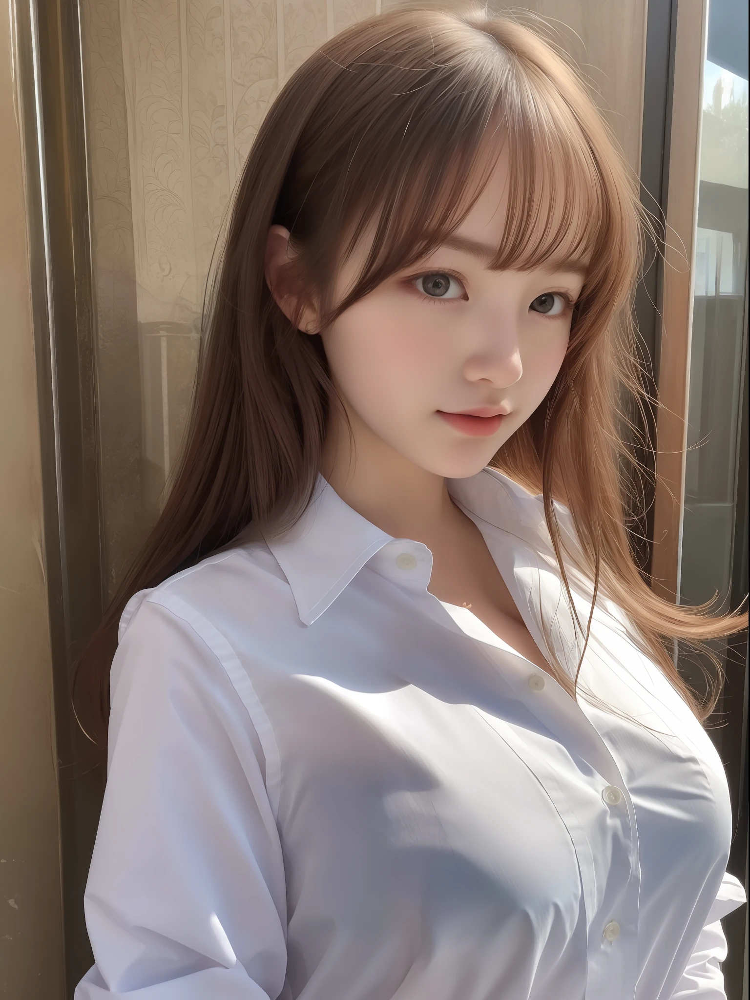 1girl, realistic, solo, (masterpiece:1.2), best quality, school uniform, (unbuttoned shirt), medium breasts, ,