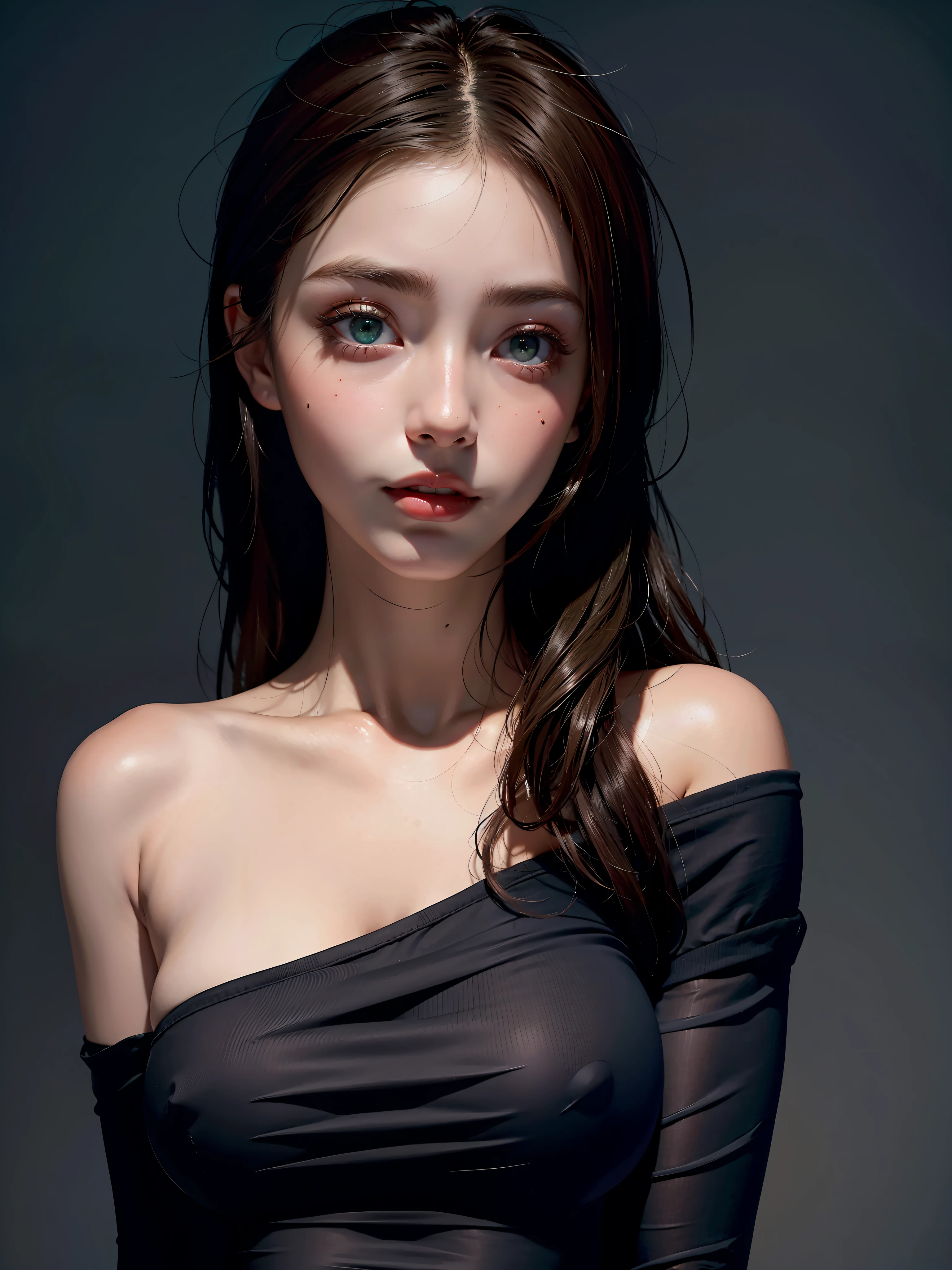 Best Quality, Masterpiece, Ultra High Resolution, (Realism: 1.4), Original Photo, 1Girl, Emerald Gemstone Eyes, glowing eyes, Bare Shoulder, In the Dark, Deep Shadow, Low Key, Cold Light