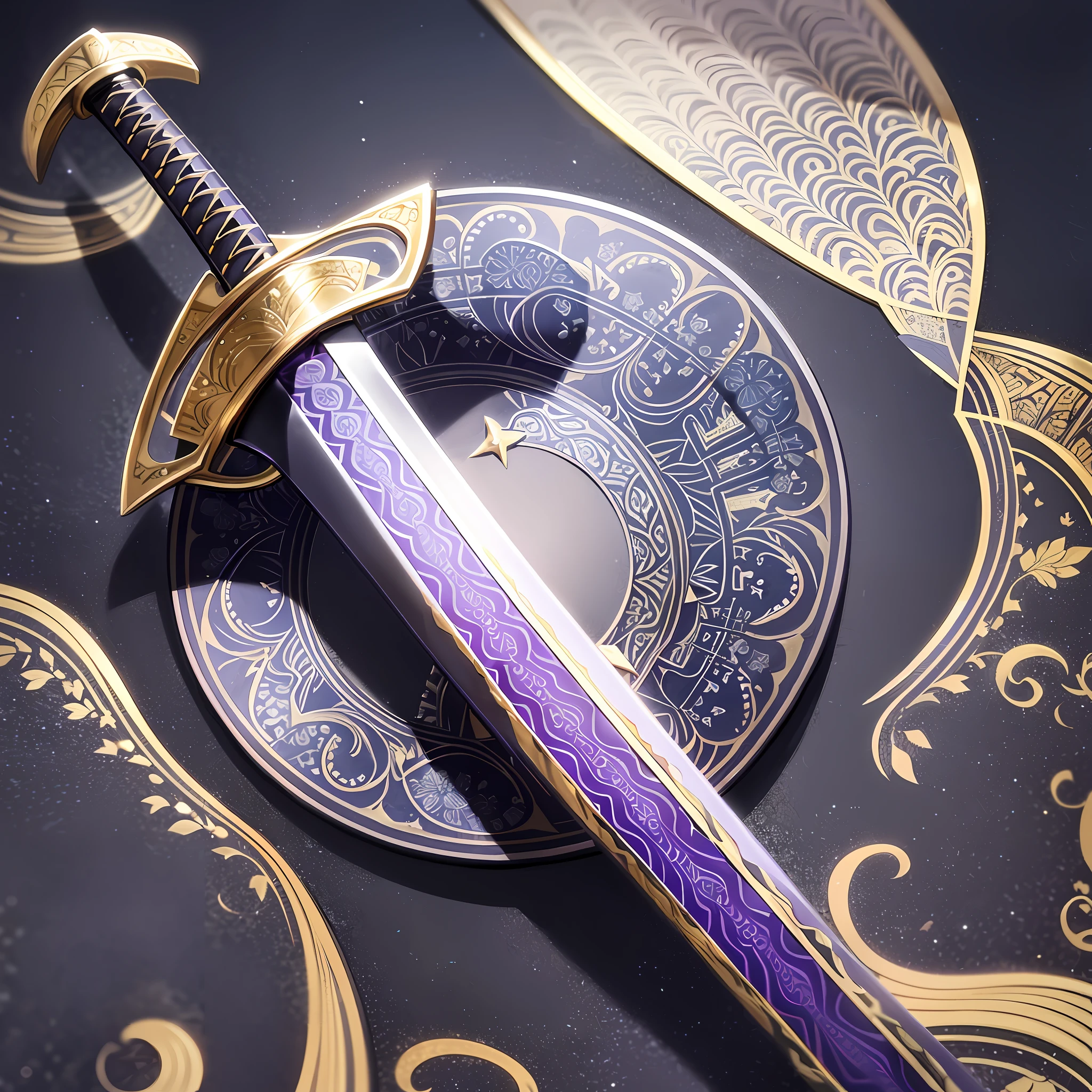 no human, depicting a gorgeous katana with a purple blade, a black handle, a moon-shaped scabbard, silver, and ornate patterns on it.