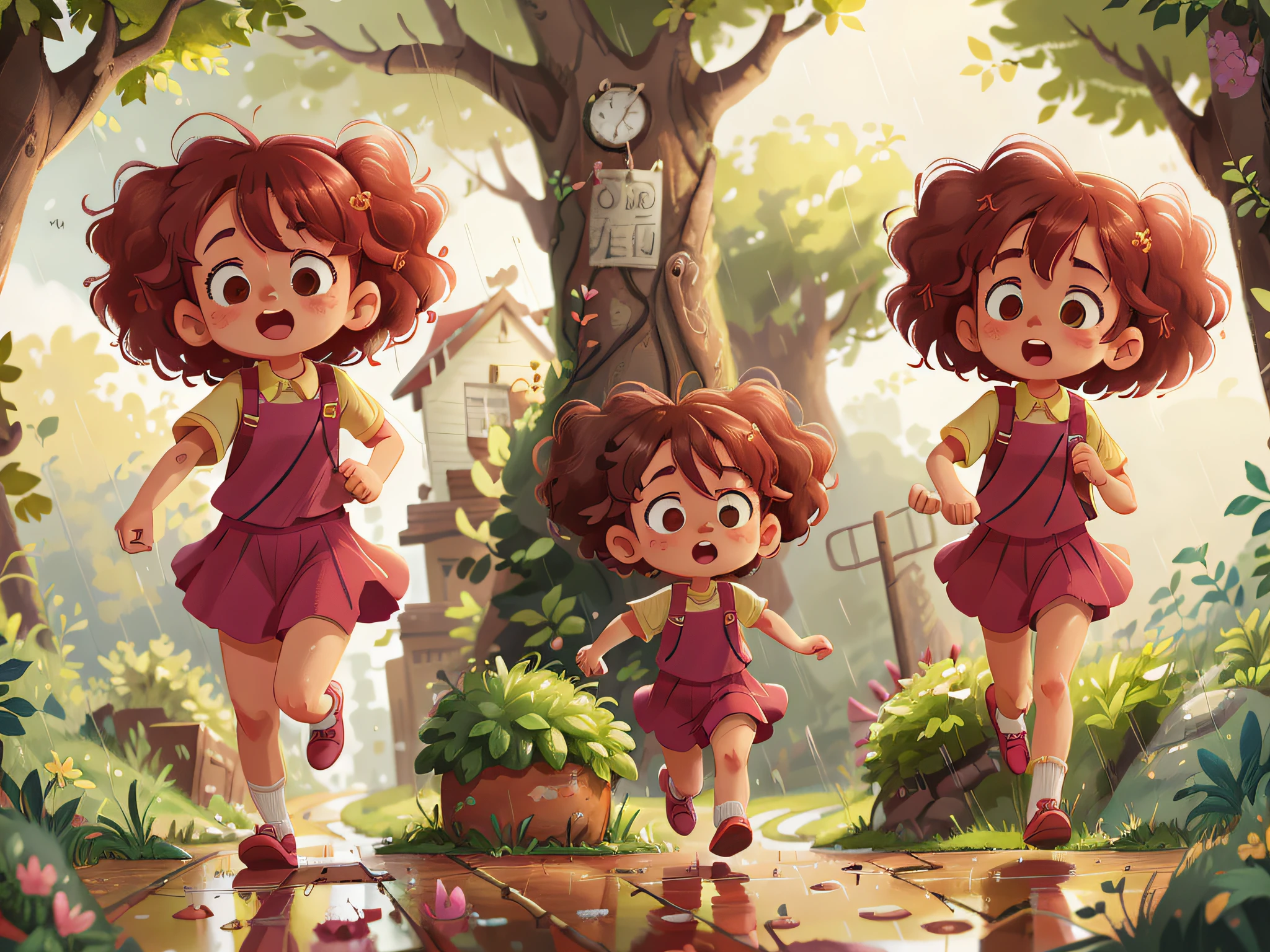 Two twin girls curly brown haired, Livia and Lavinia running in the rain