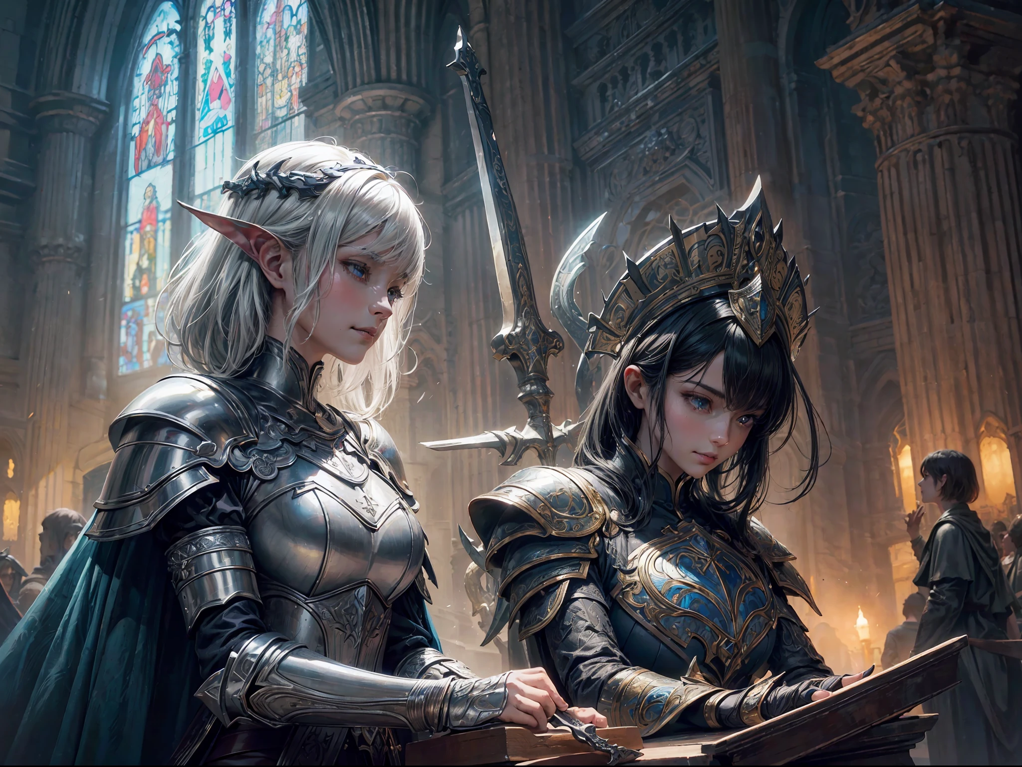 ((Best quality)), ((masterpiece)), ((highly intricate details)),beautiful, high quality, highres, absurdres, light difussion, intricate details, complex details, ((anime)), (anime:1.2) , (perfect face:1.3), extreme detailed eyes, colorful, highest detailed, vibrant colors, high contrast, (8K UHD:1.2), (photorealistic:1.2),(masterpiece:1.4), (best quality:1.4), realistic, 1girl medium breasts, wavy hair, from bottom view, smile, priest, knight, ancestor, church background, armor, light armor, fiery aura, epic pose, dramatic lighting, cinematic, establishing shot, extremely high detail, photo realistic, cinematic lighting, pen and ink, intricate line drawings, by Yoshitaka Amano, Ruan Jia, Kentaro Miura, Artgerm, post processed, concept art, artstation, matte painting, style by eddie mendoza, raphael lac, short hair, holding sword, upper body, hyper detailed, ((1girl)),((upper body)), intricate, white hair, holy power, light difussion, holy grail, light theme, ((dynamic pose)),(((1_girl))),((close_up)),((upper_body))