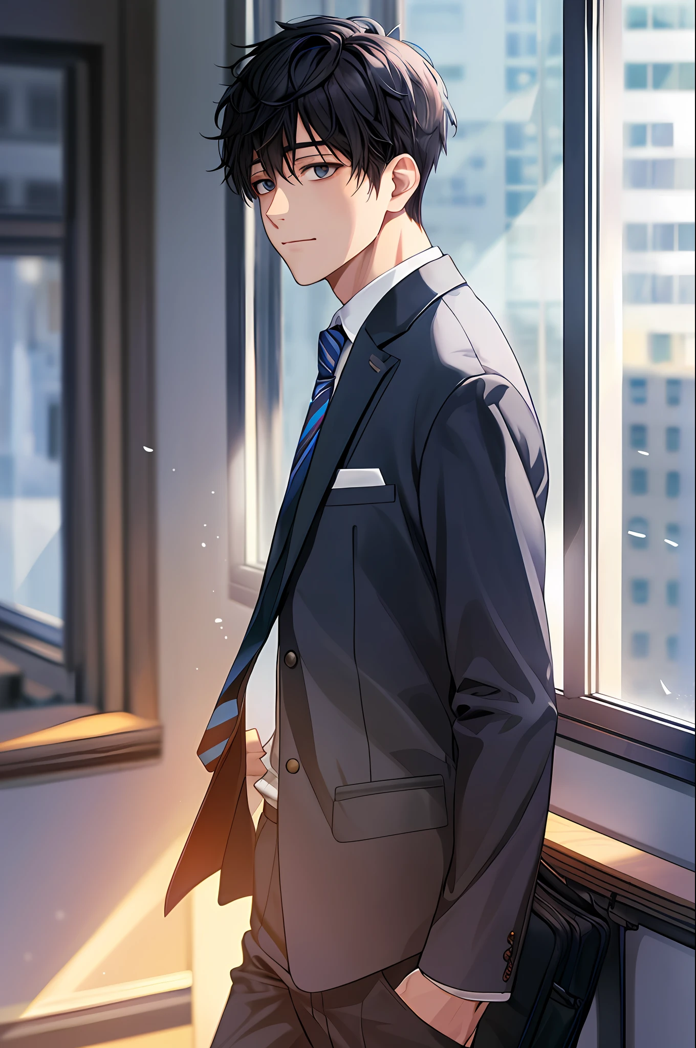 1boy, face focus, adult, school uniform, tie, pants, best quality, staff, face detail, office, building outside window, detail background, diffuse sunlight, depth of field, background bokeh