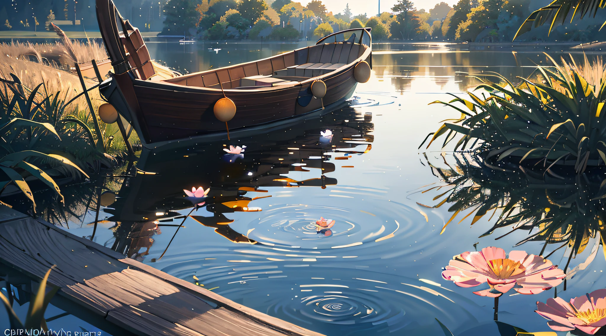 Wallpaper, summer pond, pond, boat, afternoon sun, reeds, pond background, depth of field, hot weather, HD detail, wet watermark, hyperdetail, cinematic, surrealism, soft light, deep field focus bokeh, ray tracing, diffuse (ultra-fine glass reflection) and surrealism. --v6