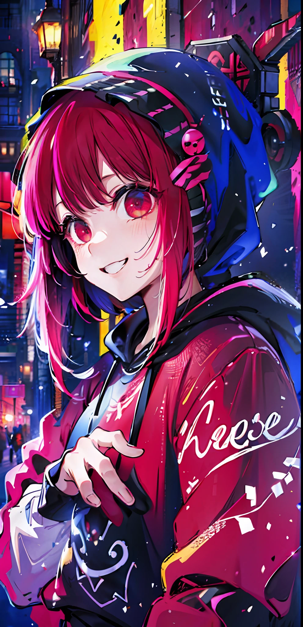 (masterpiece:1.2), best quality, absurdres,  detailed background, masterpiece, best quality, smile, ornament, hoodie, portrait, neon red, graffiti, dark, night, glowing eyes,