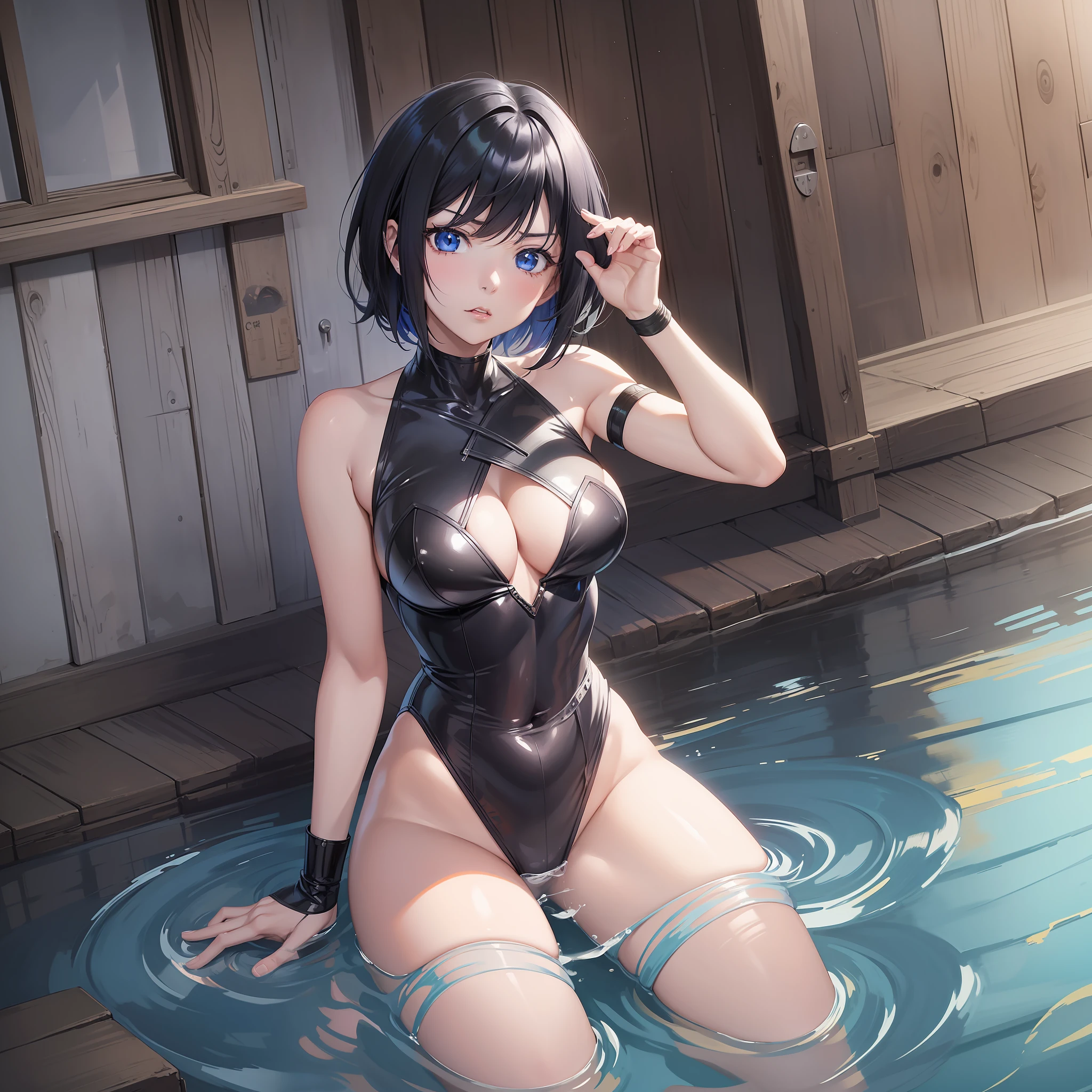 anime, a young women with black hair and blue eyes, today's featured anime still, anime women, anime beautiful women, shuushuu anime image, female anime character, handsome anime pose, anime visual of a cute girl, in the anime film, short hair, bondage, bdsm, sadomaso, sexy, partial nude, angry looking face