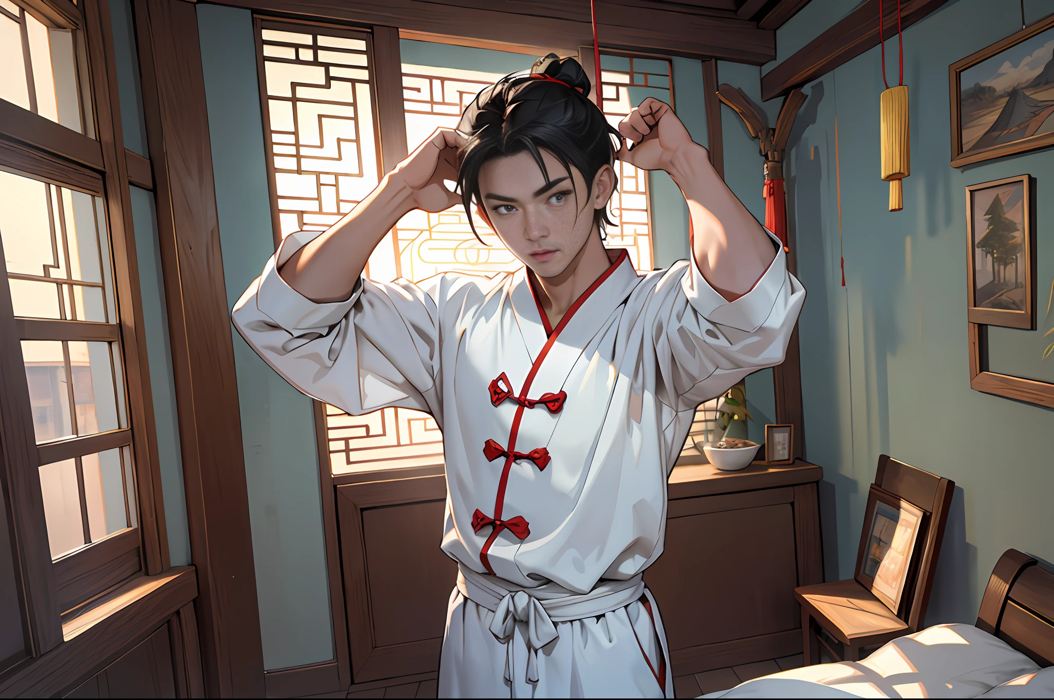 Best quality, masterpiece, high resolution, 1boy, ancient Chinese, 18 years old, short black hair, clear face, white pajamas, just got up, standing, stretching, yawning with your head up, 4k, 8k, inside the house, square table, stool, bed, all kinds of ancient house decorations. Chinese ancient style. (High Detail Skin: 1.2), 8K UHD, DSLR, Soft Light, High Quality, Volumetric Light, Voyeur, Photo, High Resolution, 4K, 8K.