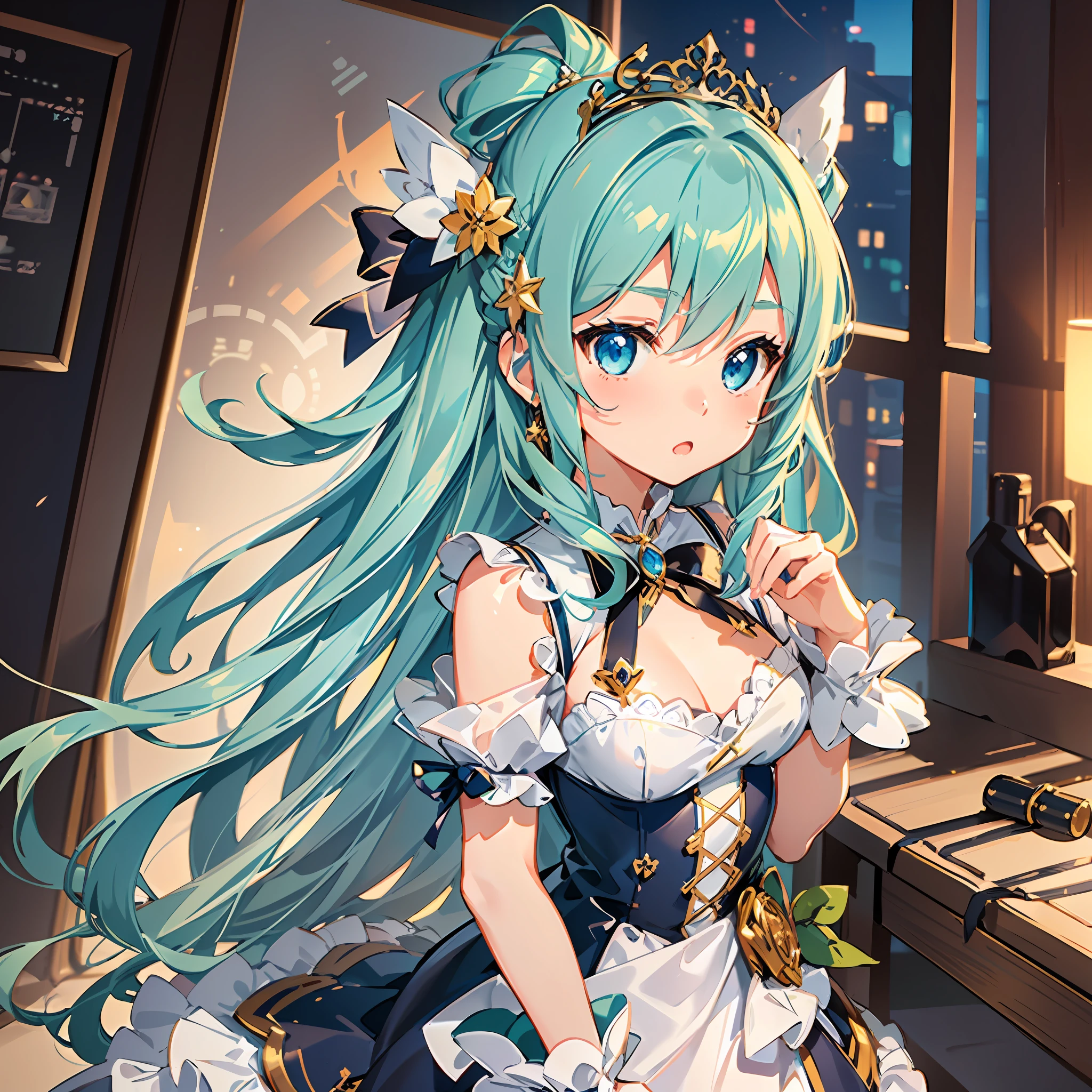 (artwork), (amazing work), (indirect linear lighting), (Chibi-cute studios), (Gif cute anime), (cute cute kawaii), (extremely detailed CG 8k unit wallpaper), (1girl) wearing cute dress, long blue hair with cute ruffled tiara, wearing silk gloves, white skin, green blue eyes, (cute kawaii)