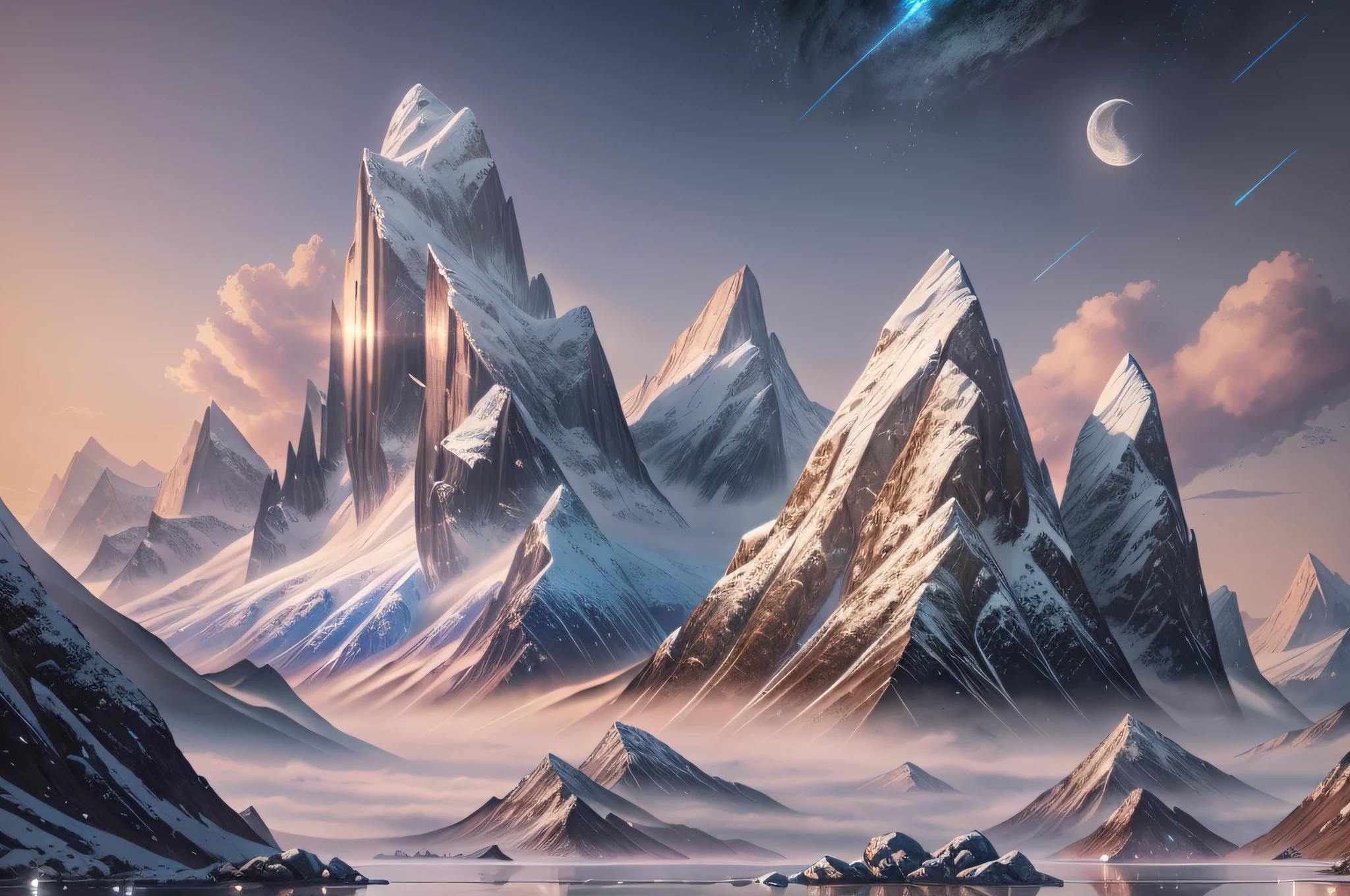 mountains and a lake with a moon in the sky, 4k highly detailed digital art, 4 k hd wallpaper very detailed, impressive fantasy landscape, sci-fi fantasy desktop wallpaper, unreal engine 4k wallpaper, 4k detailed digital art, sci-fi fantasy wallpaper, epic dreamlike fantasy landscape, 4k hd matte digital painting, 8k stunning artwork