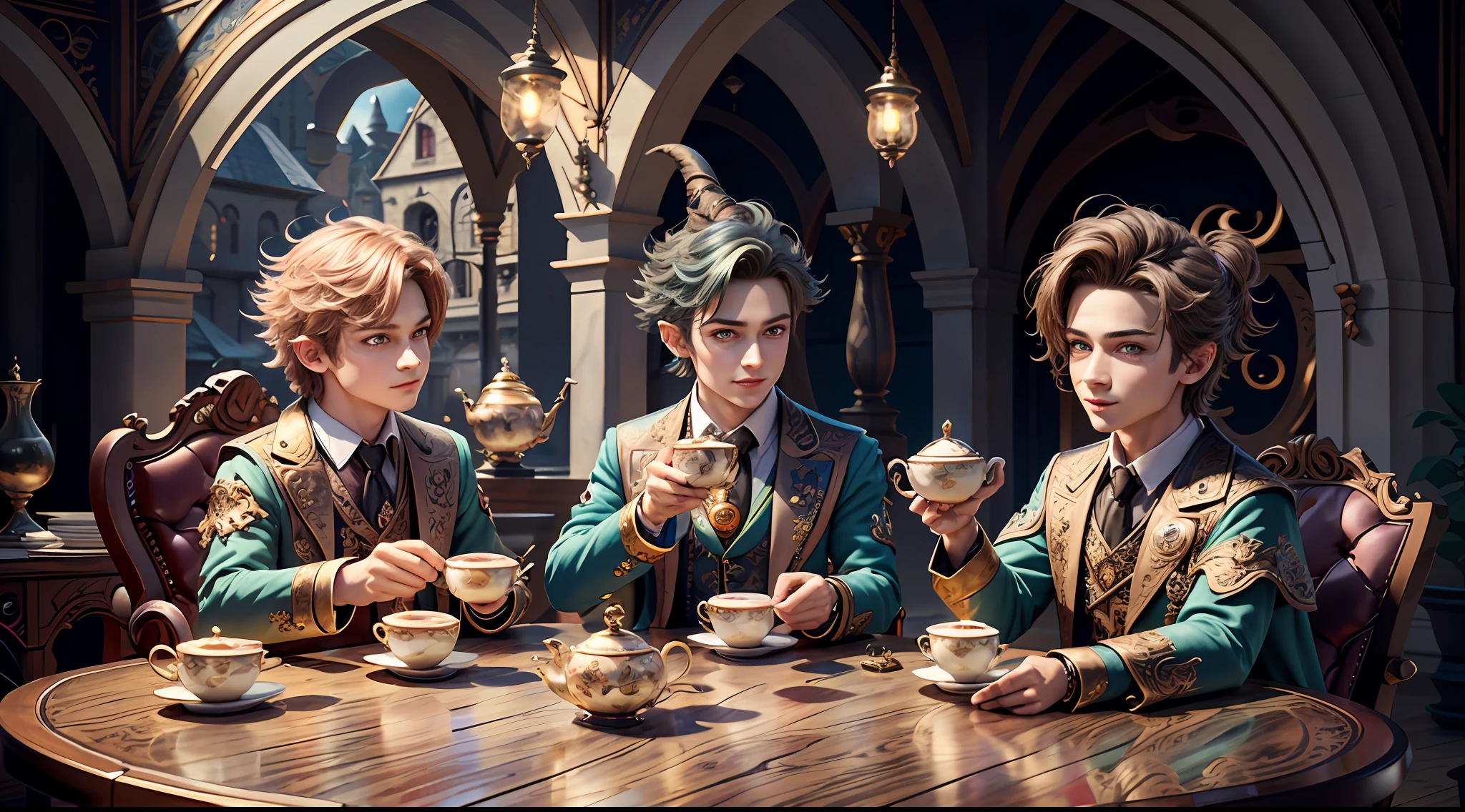 Masterpiece, best quality, wizard tea party, magic tea party, magic, chibi, handsome male witch, witch, highly detailed realistic eyes, happy, vibrant, colorful, rich expressions, rich eyes