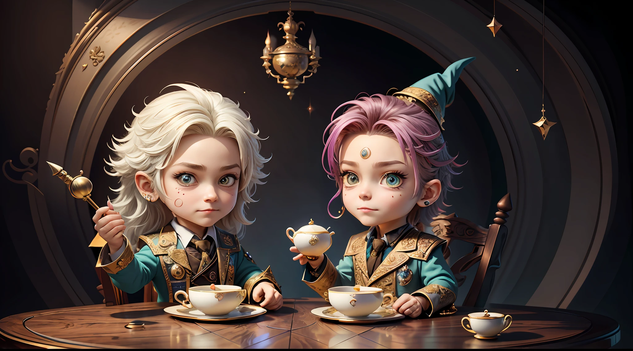 Masterpiece, best quality, wizard tea party, magic tea party, magic, chibi, handsome male witch, witch, highly detailed realistic eyes, happy, vibrant, colorful, rich expressions, rich eyes