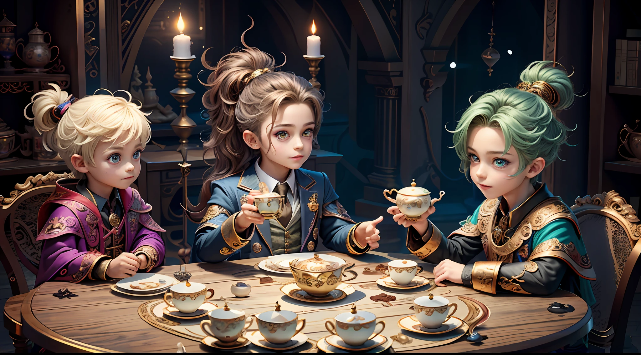 Masterpiece, best quality, wizard tea party, magic tea party, magic, chibi, handsome male witch, witch, highly detailed realistic eyes, happy, vibrant, colorful, rich expressions, rich eyes
