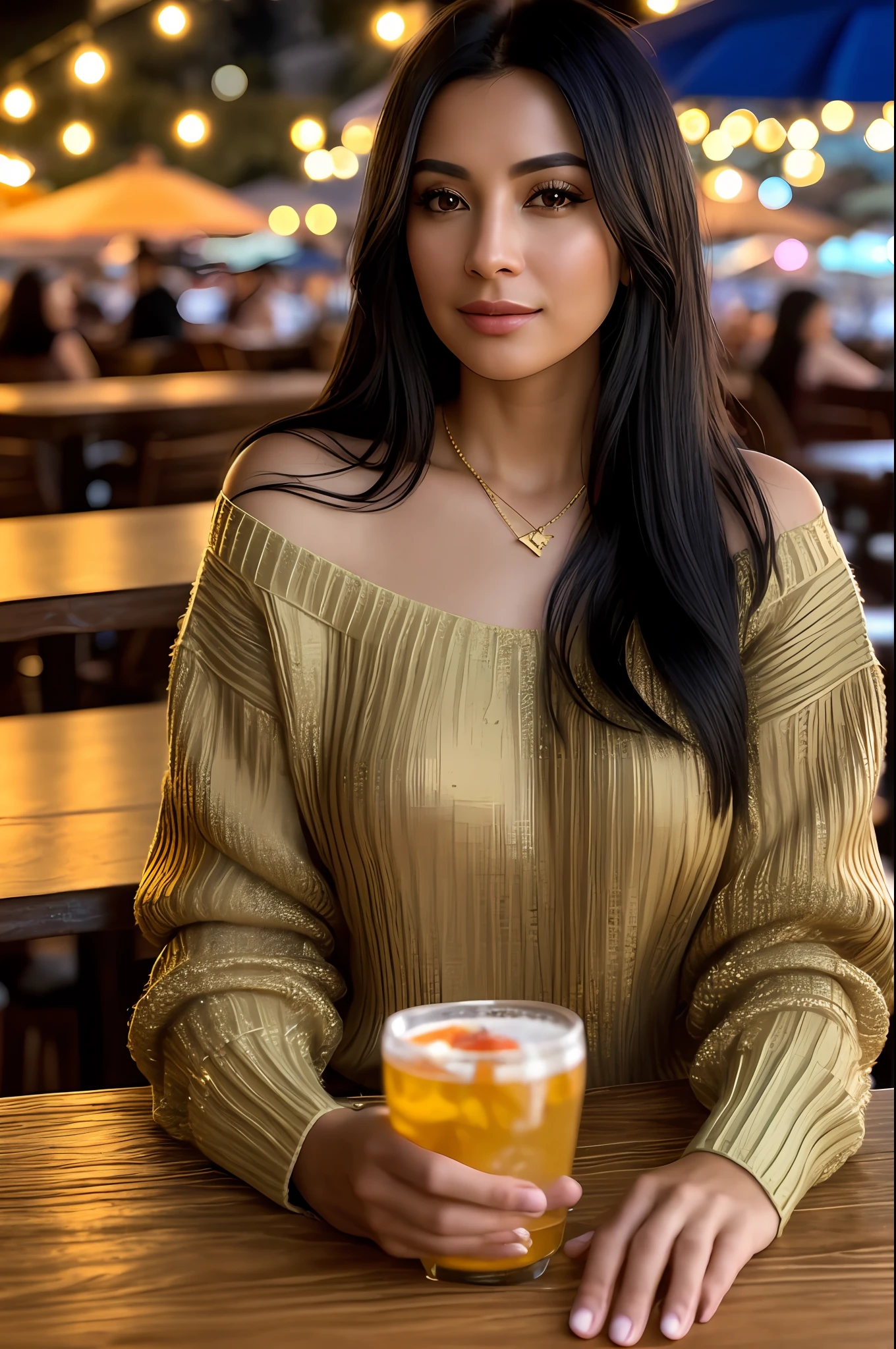 Photo by (SH0HREH:0.99), a beautiful woman 36 years old long black hair, enlarged close-up in tight crop portrait, sitting at a (table on a seaside boardwalk café bar drinks cocktails:1.2) wearing a (sexy off-shoulders sweater:1.3) (drinks on the table:1.3) (Lighting-Gold:1.2) foreground objects background details (masterpiece:1.2) (photorealistic:1.2) (bokeh:1.2) (best quality) (color gradation) (detailed skin: 1.3) (intricate) (8k) (HDR) (cinematic lighting:1.3) (sharp focus)