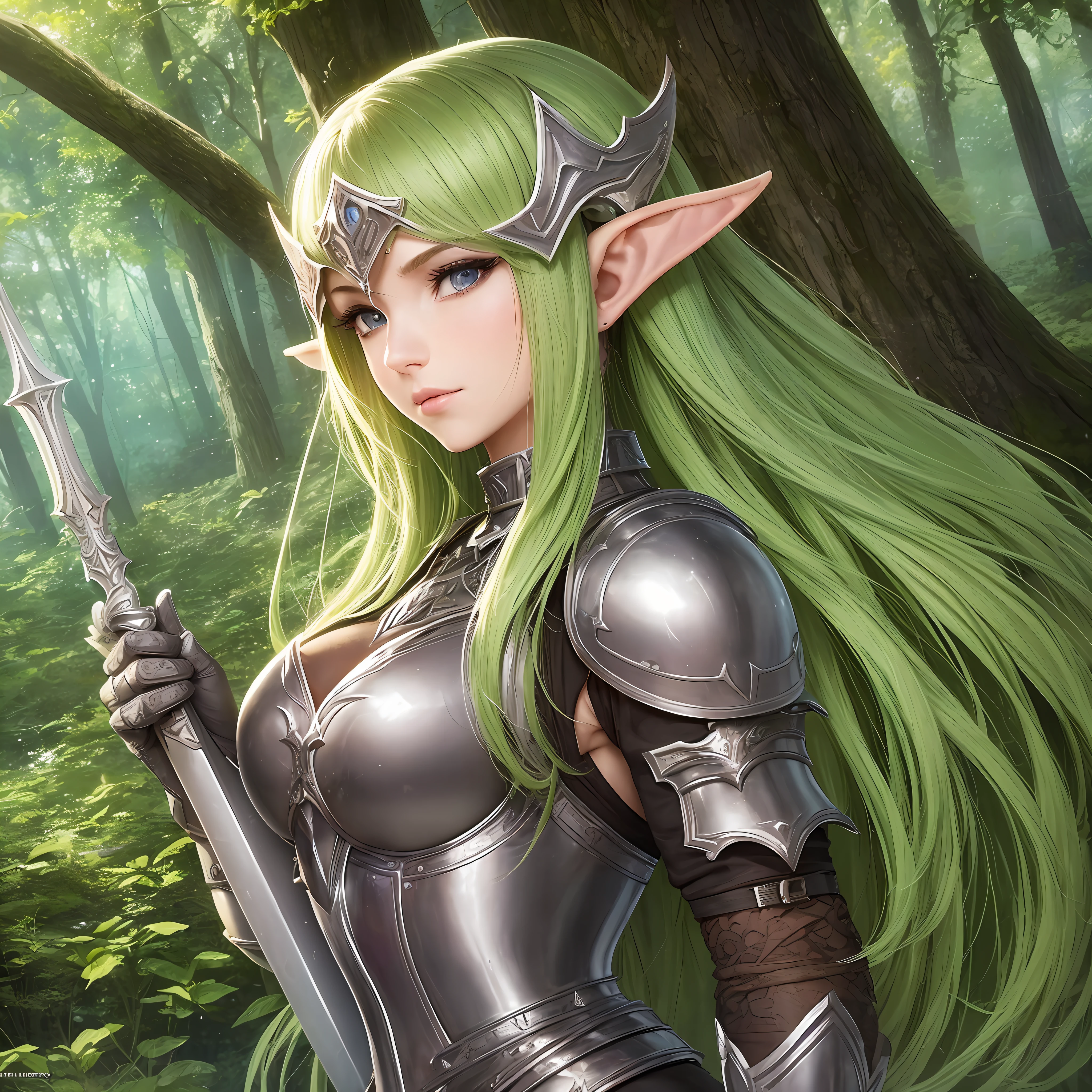 Woman in armor with sword in a forest, seductive elf princess knight, elf princess knight, 2. 5d cgi anime fantasy art, elf warrior princess, elf warrior, elf knight, elf princess, elf girl, epic epic elven warrior, epic fantasy art style hd, female elf, epic fantasy art style, elf queen, wallpaper --auto --s2