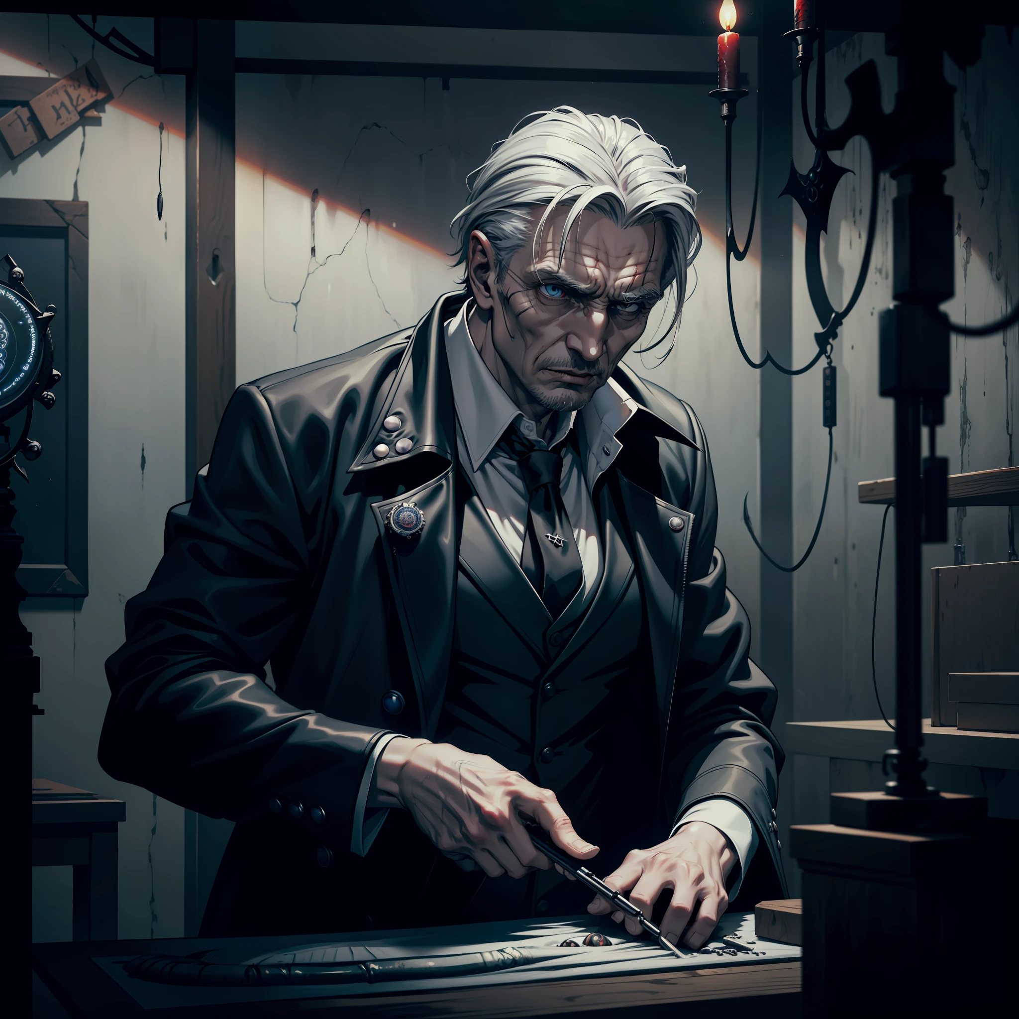 (extremely detailed 8k wallpaper), dark theme, Vampire the Masquerade, modern horror, 2020s, old man, wearing white private morgue lab coat, sharp focus, (subsurface scattering:1.1), award-winning photograph, centered face, Liam Neeson's face, (((a Hecate vampire))), half-body shot:1.1, gray hair, supernatural blue eyes, serious expression, morgue room interior, next to autopsy table, dramatic lighting