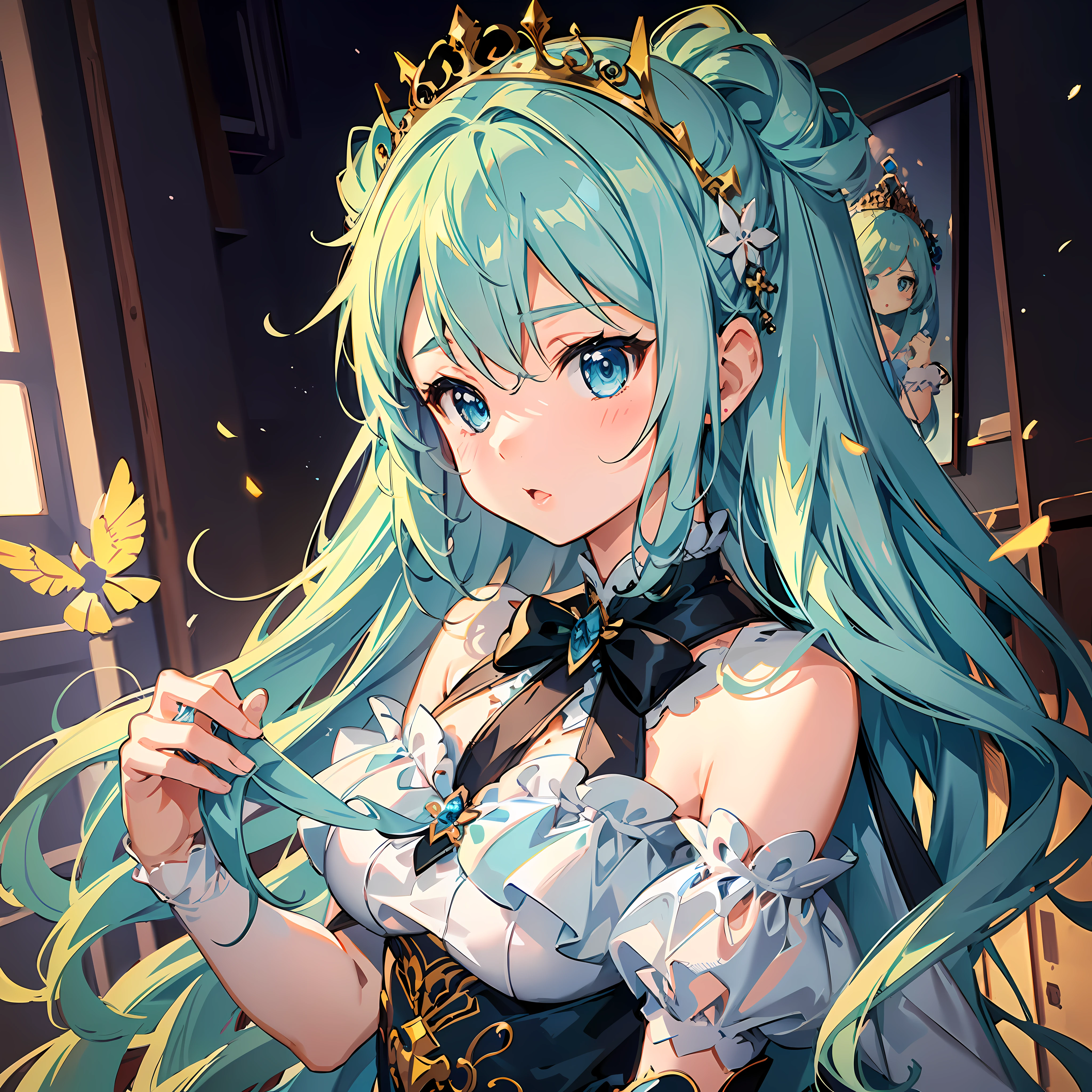 (artwork), (amazing work), (indirect linear lighting), (Chibi-cute studios), (Gif cute anime), (cute cute kawaii), (extremely detailed CG 8k unit wallpaper), (1girl) wearing cute dress, long blue hair with cute ruffled tiara, wearing silk gloves, white skin, green blue eyes, (cute kawaii)