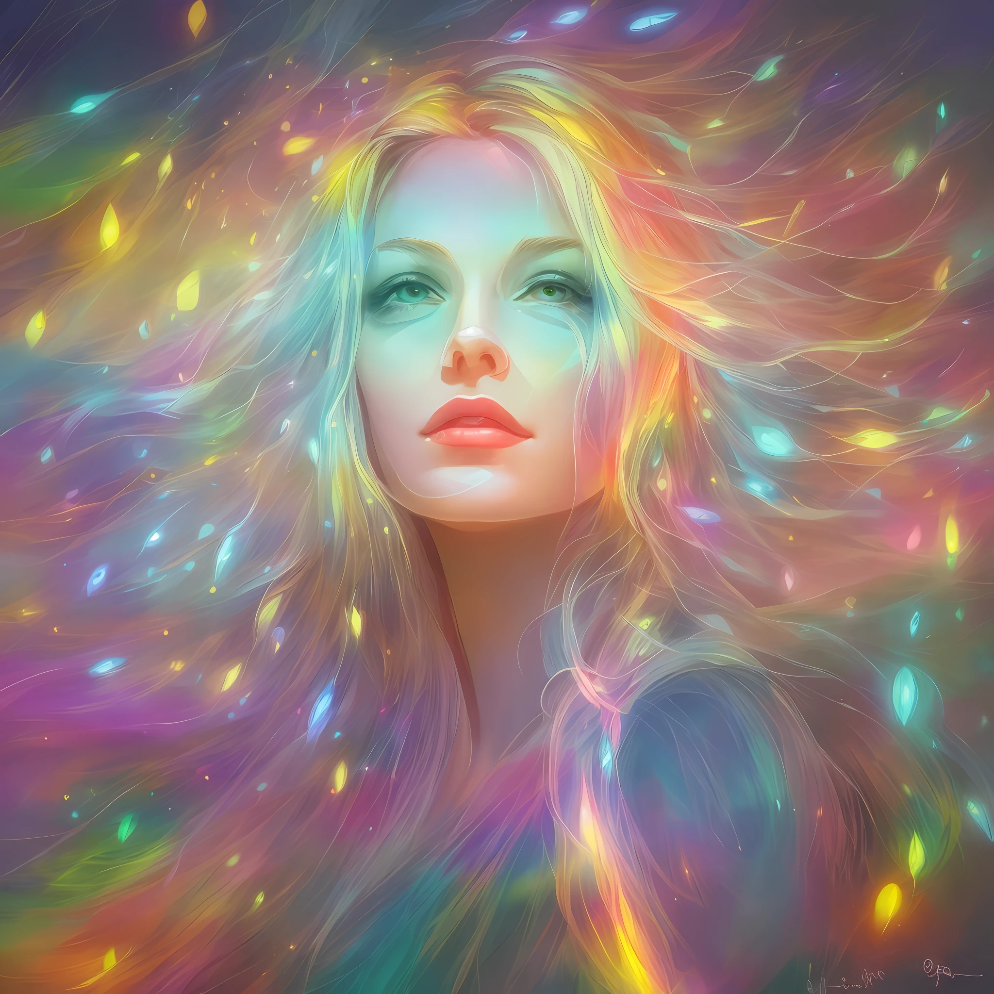 A night painting of an abstract ethereal semi - transparent most beautiful woman in the world with perfect facial proportions among fireflies rainbow light impressive skies