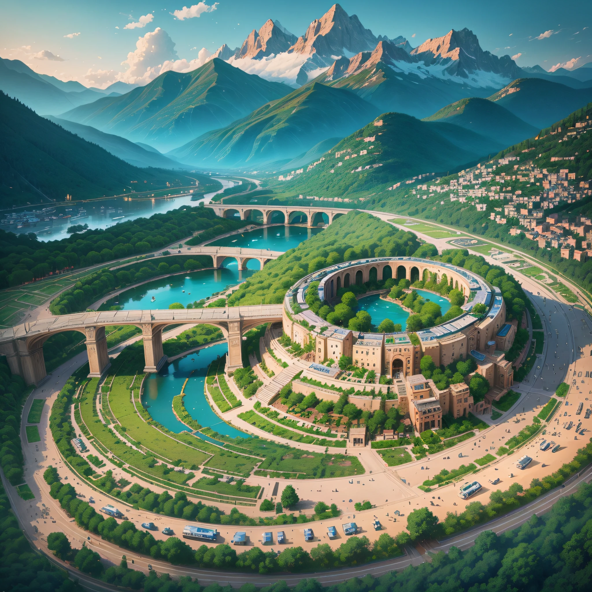 Imagine a mountainous solarpunk village, nestled in the midst of towering peaks and verdant valleys. Visualize terraced gardens that cascade down the slopes, utilizing solar energy to power hydroponic systems that provide sustenance for the community. Picture glistening waterfalls tumbling down cliffs, feeding into an intricate network of aqueducts that generate hydroelectric power. Envision a central meeting space adorned with intricate mosaics, where residents gather to share knowledge and engage in creative pursuits. Imagine vibrant art installations inspired by the surrounding natural beauty, utilizing renewable energy sources to create mesmerizing light displays that illuminate the village by night. --auto --s2