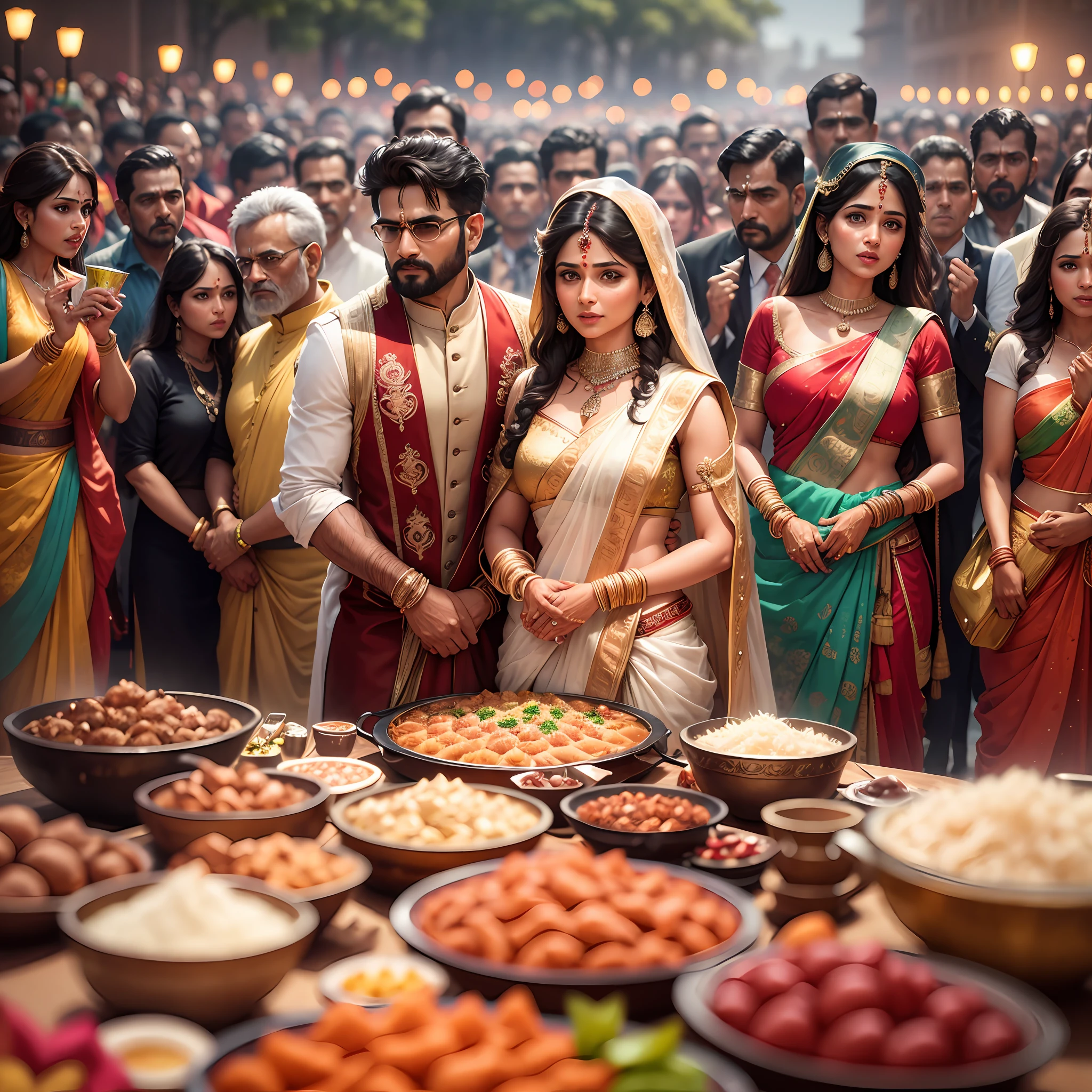 8k, ultra realistic, highly detailed, masterpiece, award winning picture, Indian style , wedding image, crowd,food items,groom , people --auto --s2
