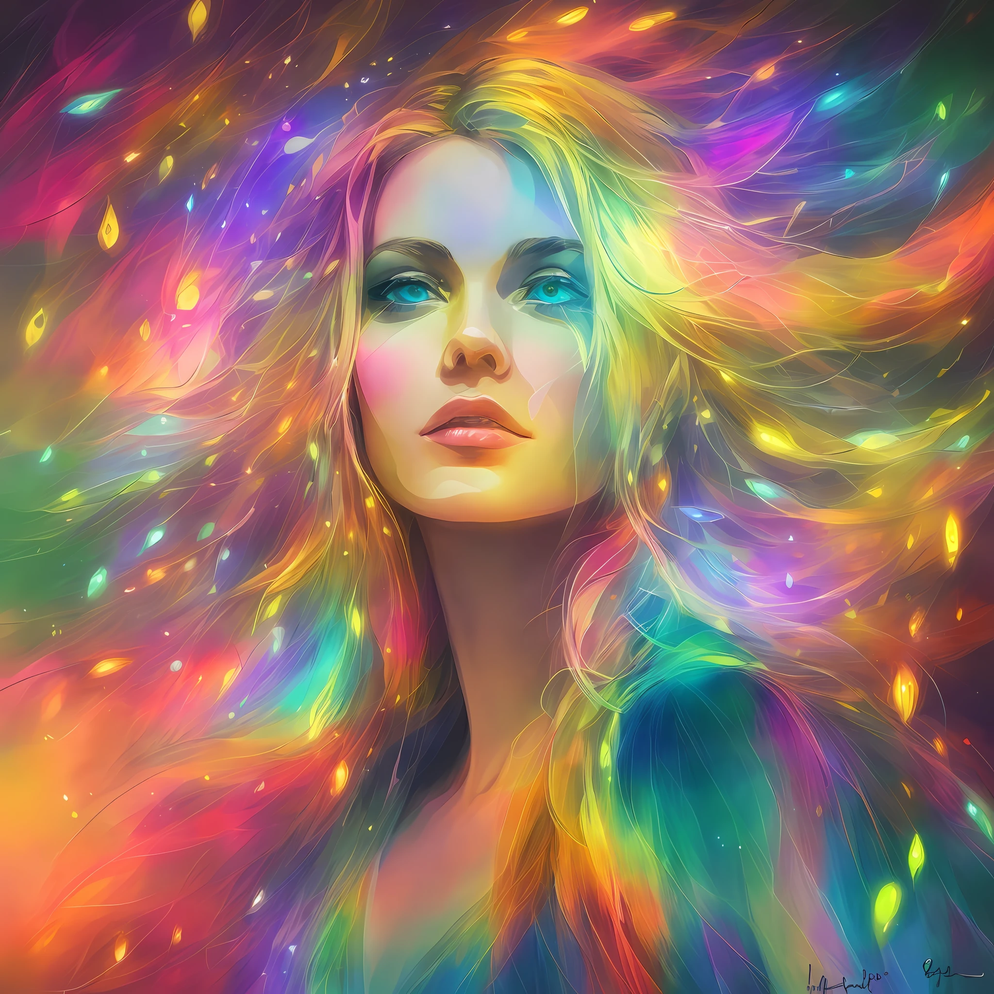 A night painting of an abstract ethereal semi - transparent most beautiful woman in the world with perfect facial proportions among fireflies rainbow light impressive skies