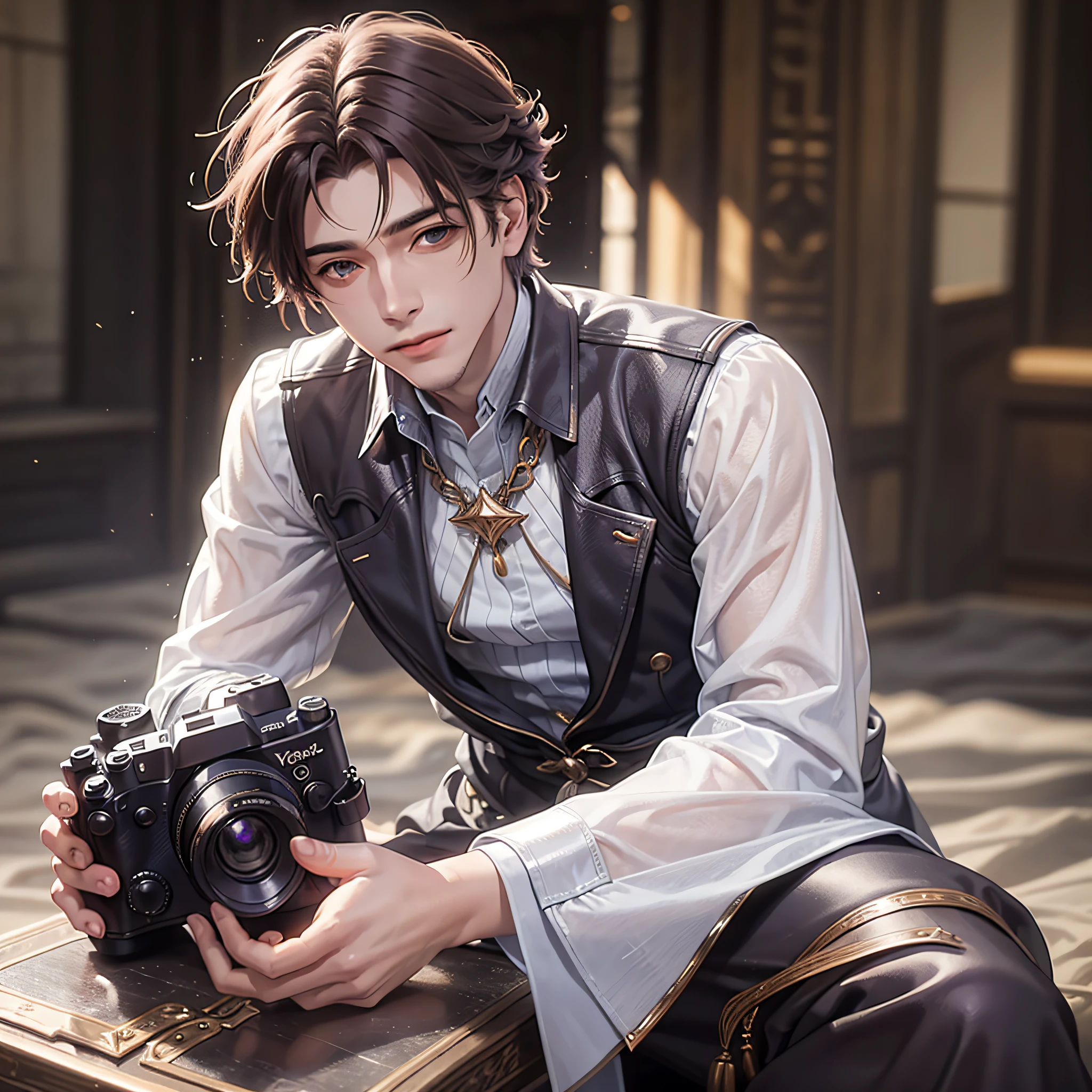Handsome young man with camera photographer Fashionable dress Smile confident hipster man