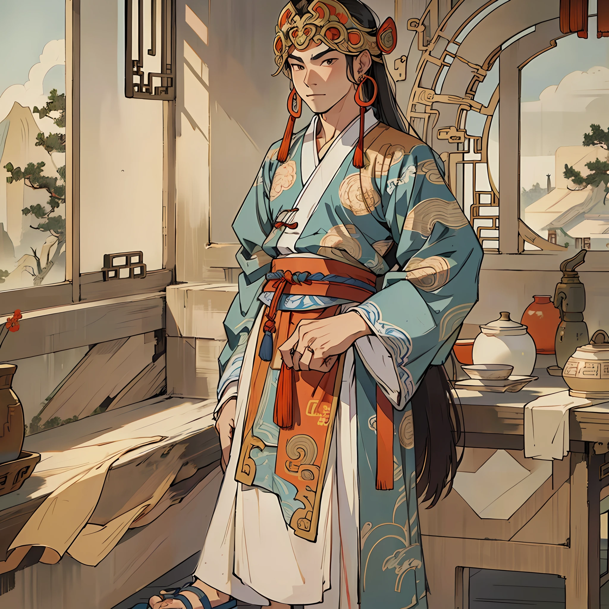 Best quality, male, teenage, barefoot, earrings, ankle rings, ancient Chinese style, long hair, standing in front of the window