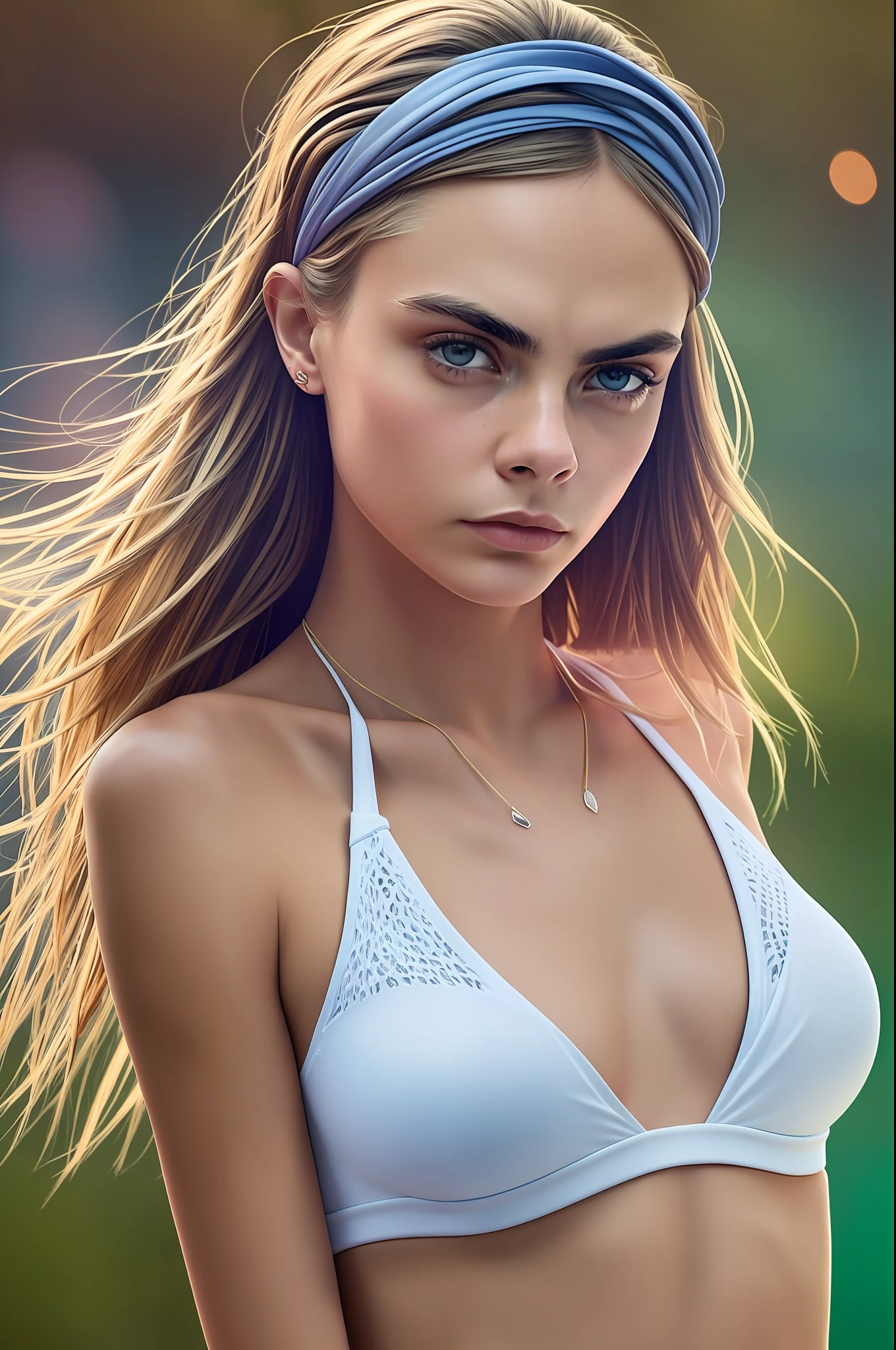 Cara Delevingne. The sporty clothes of the tall slender woman can barely cover her perfect body and round breasts. With a dreamy look, she looks into the camera, (Masterpiece:1.2) (Photorealistic:1.2) (Bokeh) (best quality) (intricate details) (8K) (High Poly) (Raytracing) (Cinema lighting) (Sharp focus) (detailed face) (detailed pupils)