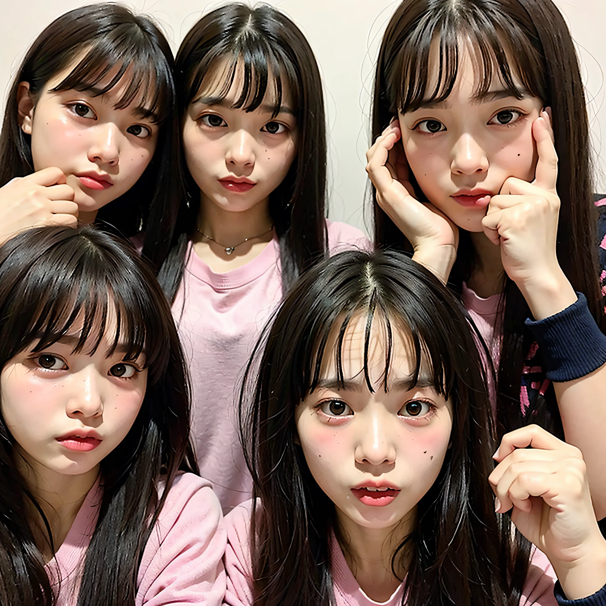 Identical twin sisters, 16 years old, bangs, crying face