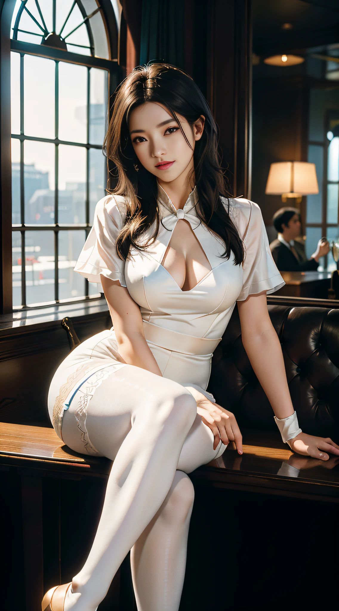 (best quality, masterpiece:1.2), photorealistic,(cinematic composition:1.3), ultra high res, cinematic lighting, ambient lighting, sidelighting, Exquisite details and textures, 1girl, full body, smile,black hair, look at viewer, detailed face, sitting, large breasts,  breasts, flight attendant uniform, (white pantyhose:1.2), high heel, airport, lounge, detailed background, depth of field, professional lighting, photon mapping, radiosity, physically-based rendering,